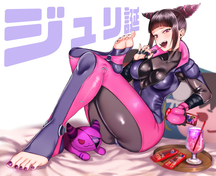 1girl :3 absurdres arm_wrap ass bangs bed_sheet biker_clothes bikesuit black_hair blunt_bangs bodysuit breasts chun-li collarbone crossed_legs cup drill_hair drink drinking_straw eating eye_(mememem) eyepatch feet fingerless_gloves food gloves han_juri highres huge_filesize looking_at_viewer medium_breasts nail_polish o-ring open_mouth partially_unzipped pillow pocky reclining sidelocks street_fighter street_fighter_iv_(series) stuffed_toy teeth thighs tray twin_drills umaibou violet_eyes white_background
