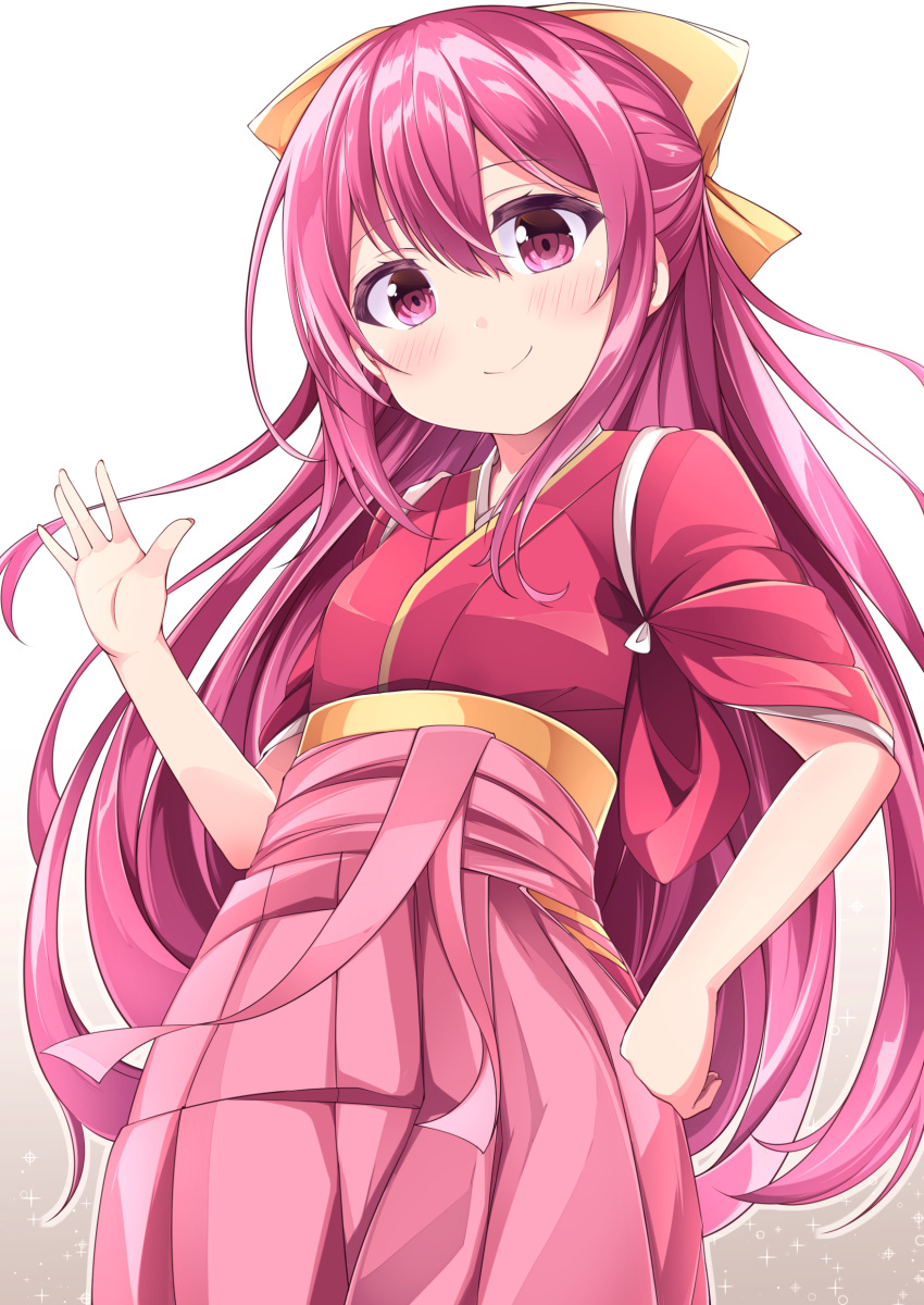 1girl absurdres acchii_(akina) blush bow eyebrows_visible_through_hair hair_bow hair_ribbon hakama hand_up highres japanese_clothes kamikaze_(kantai_collection) kantai_collection kimono looking_at_viewer pink_hakama purple_hair ribbon simple_background smile solo tasuki violet_eyes white_background yellow_bow yellow_ribbon