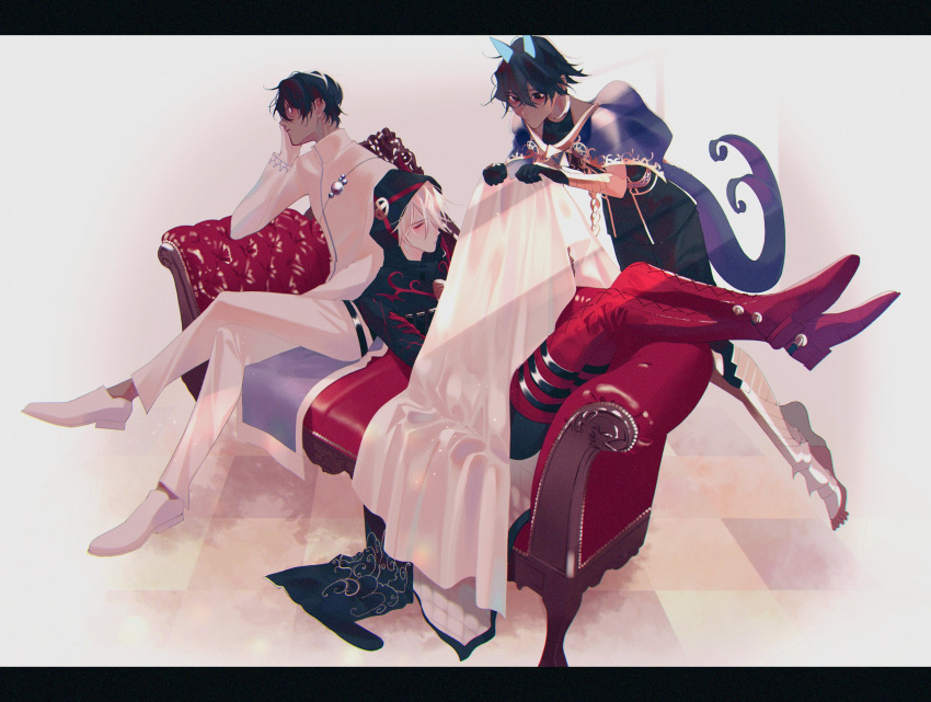 3boys arjuna_(fate/grand_order) arjuna_alter bangs black_border black_eyes black_gloves black_hair black_jacket black_pants black_shirt blanket blue_capelet boots border bush capelet closed_eyes couch crossed_legs dark_skin dark_skinned_male fate/grand_order fate_(series) floating full_body gloves hair_between_eyes hair_over_one_eye head_rest highres holding_blanket hood hood_up horns jacket karna_(santa)_(fate) leaning_on_person leg_armor letterboxed lim_(lim_6660129) looking_at_another male_focus multiple_boys pants profile red_footwear shirt shoes short_hair sideways_glance sitting sleeping tail thigh-highs thigh_boots white_footwear white_gloves white_hair white_pants white_shirt