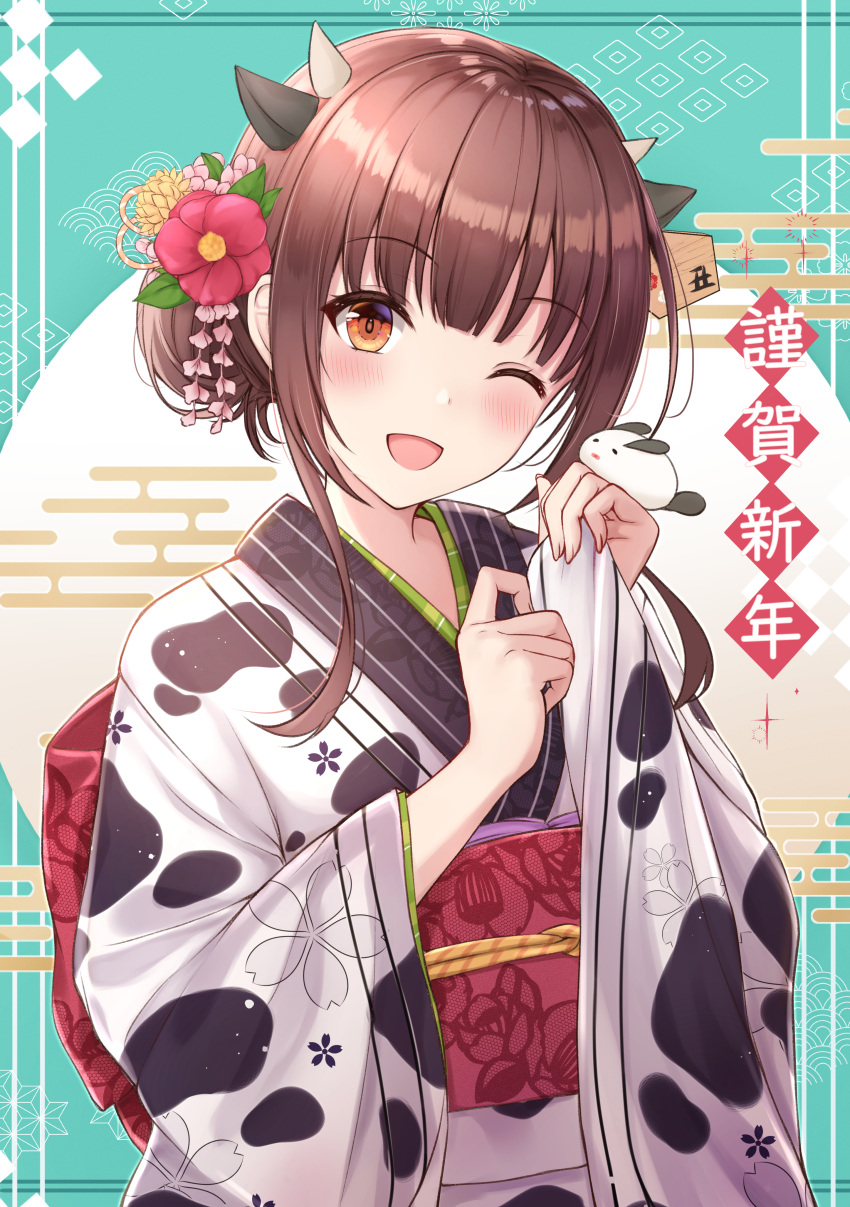 1girl ;d absurdres animal_ears animal_print blush brown_eyes brown_hair chinese_zodiac commentary_request cow_ears cow_horns cow_print eyebrows_visible_through_hair flower hair_flower hair_ornament happy_new_year highres horns japanese_clothes kimono looking_at_viewer new_year one_eye_closed open_mouth original short_hair smile solo wide_sleeves year_of_the_ox yukiunag1
