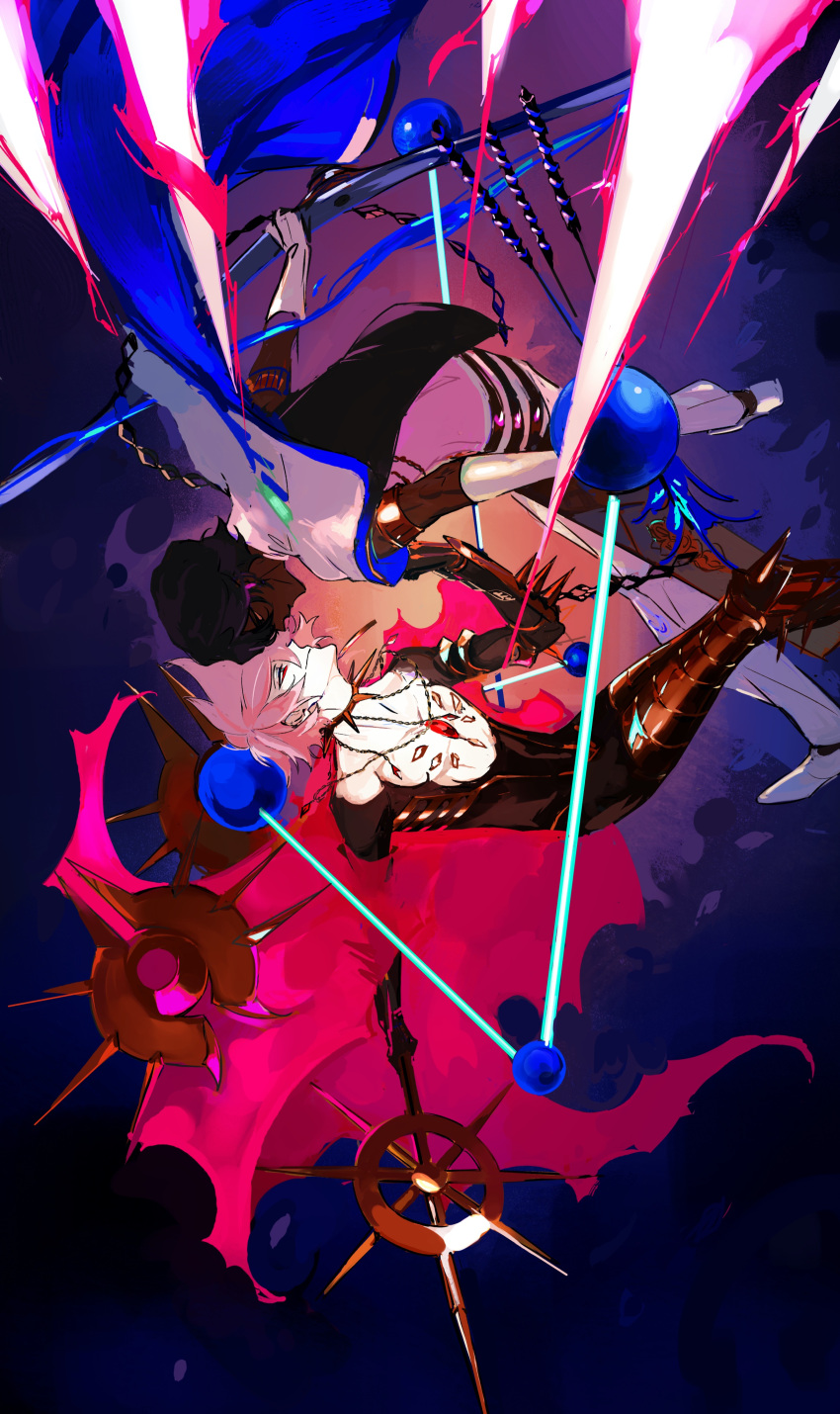2boys absurdres arjuna_(fate/grand_order) bangs black_bodysuit black_hair blue_background bodysuit bow_(weapon) choker dark_skin dark_skinned_male ddlcclia eye_contact falling fate/grand_order fate_(series) feet_out_of_frame gloves hand_up highres holding holding_bow_(weapon) holding_polearm holding_weapon jewelry karna_(fate) leg_armor looking_at_another magic male_focus multiple_boys pale_skin pants polearm profile shoes short_hair sketch weapon white_footwear white_gloves white_hair white_pants white_robe