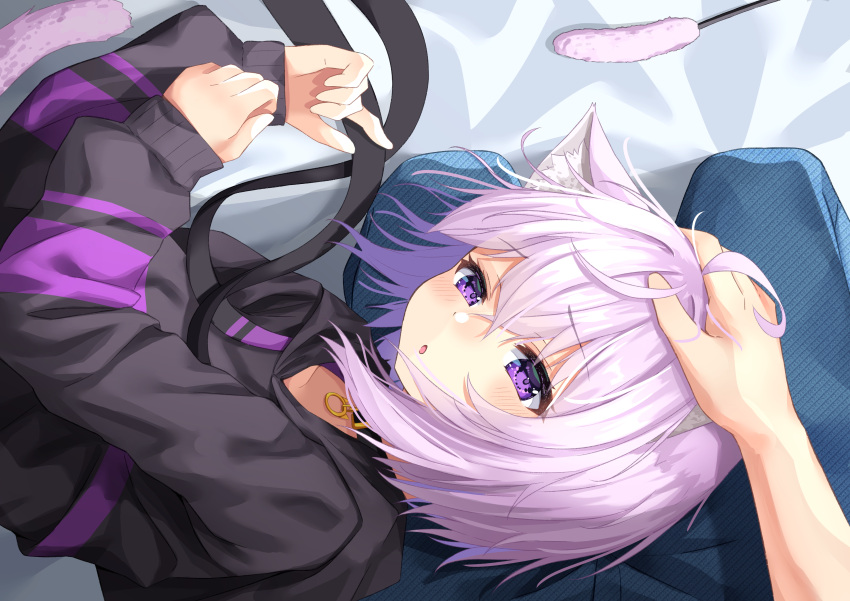 1girl 1other :o absurdres ahoge animal_collar animal_ear_fluff animal_ears bangs black_collar black_hoodie blush cat_ears cat_girl cat_tail collar drawstring eyebrows_visible_through_hair hair_between_eyes hand_on_another's_head highres hololive hood hoodie long_sleeves looking_at_viewer nekomata_okayu on_bed open_mouth petting pov pov_hands purple_hair short_hair solo_focus starkamisan strap tail virtual_youtuber