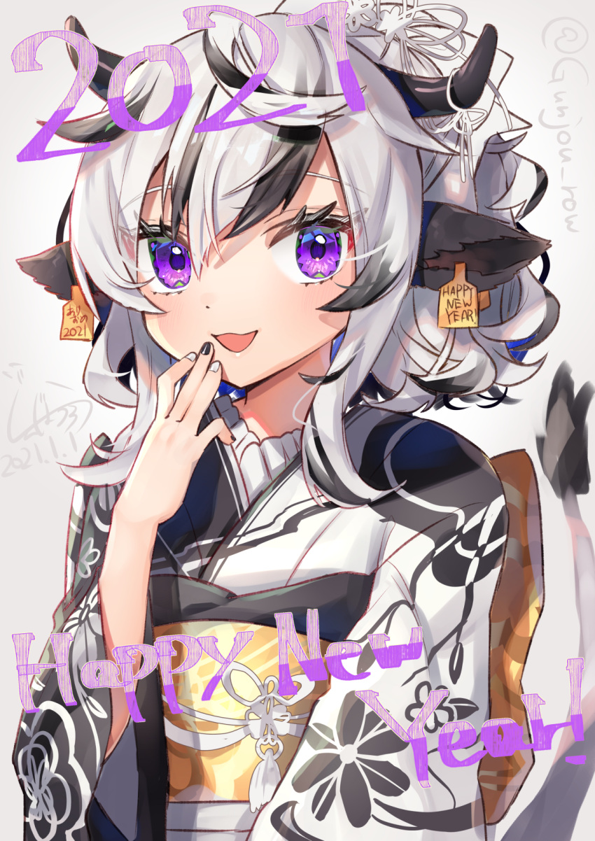 1girl 2021 akeome animal_ears black_kimono chinese_zodiac cow_ears cow_girl cow_horns cow_tail dated ear_tag eyelashes fingernails floral_print grey_background gunjou_row hair_ornament hair_ribbon hand_on_own_face happy_new_year highres horn_ornament horns japanese_clothes kimono looking_at_viewer multicolored_hair nail_polish new_year obi open_mouth original ribbon sash short_ponytail signature silver_hair simple_background solo standing streaked_hair tail twitter_username upper_body violet_eyes white_kimono year_of_the_ox