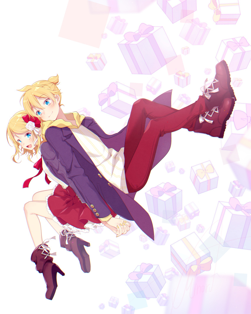 absurdres asagao_minoru back-to-back blonde_hair blue_coat blue_eyes blush boots box coat commentary dated dutch_angle floating flower frilled_skirt frills gift gift_box hair_flower hair_ornament hair_ribbon happy_birthday heart high_heel_boots high_heels highres holding_hands hooded_shirt kagamine_len kagamine_rin looking_at_another miniskirt nail_polish open_mouth pants red_pants red_ribbon red_skirt ribbon rose shirt short_hair short_ponytail sitting skirt smile spiky_hair striped striped_shirt vocaloid white_background white_flower white_rose white_shirt yellow_nails