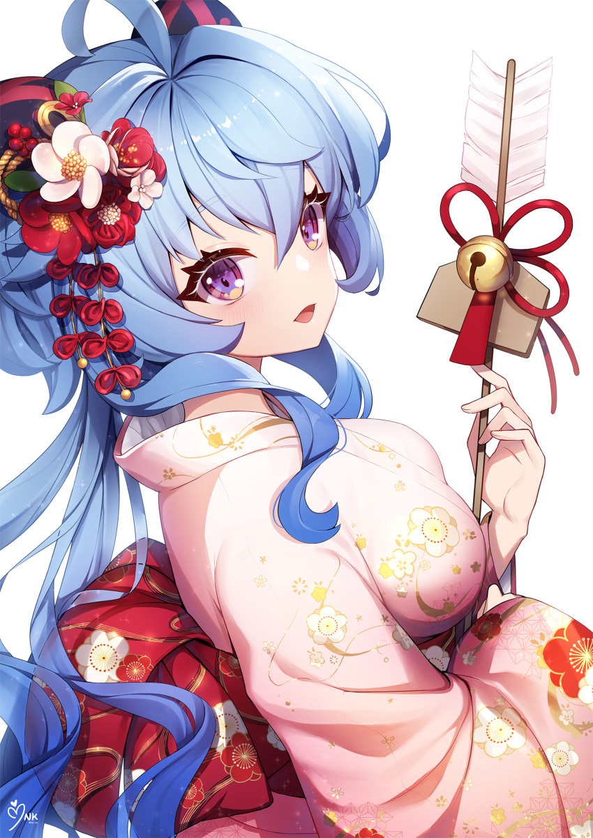 1girl :d absurdres ahoge ankkoyom arrow_(projectile) back_bow bangs bell blush bow breasts ema eyebrows_visible_through_hair eyelashes floral_print flower from_side ganyu_(genshin_impact) genshin_impact hair_flower hair_ornament hamaya happy_new_year highres holding holding_arrow horns japanese_clothes jingle_bell kimono long_sleeves looking_at_viewer looking_to_the_side medium_breasts new_year obi open_mouth pink_kimono print_kimono red_bow red_flower red_ribbon ribbon sash simple_background smile solo violet_eyes white_background white_flower wide_sleeves yukata