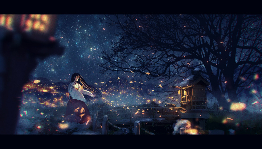 1girl bangs black_hair blurry branch building city_lights commentary_request depth_of_field grass grey_eyes hair_blowing hakama hakama_skirt harbor highres hill japanese_clothes kotomi_alpaca lantern leaf letterboxed long_hair miko night night_sky original petals red_hakama scenery shirt shrine sky solo standing star_(sky) starry_sky tree tree_branch white_shirt wide_sleeves