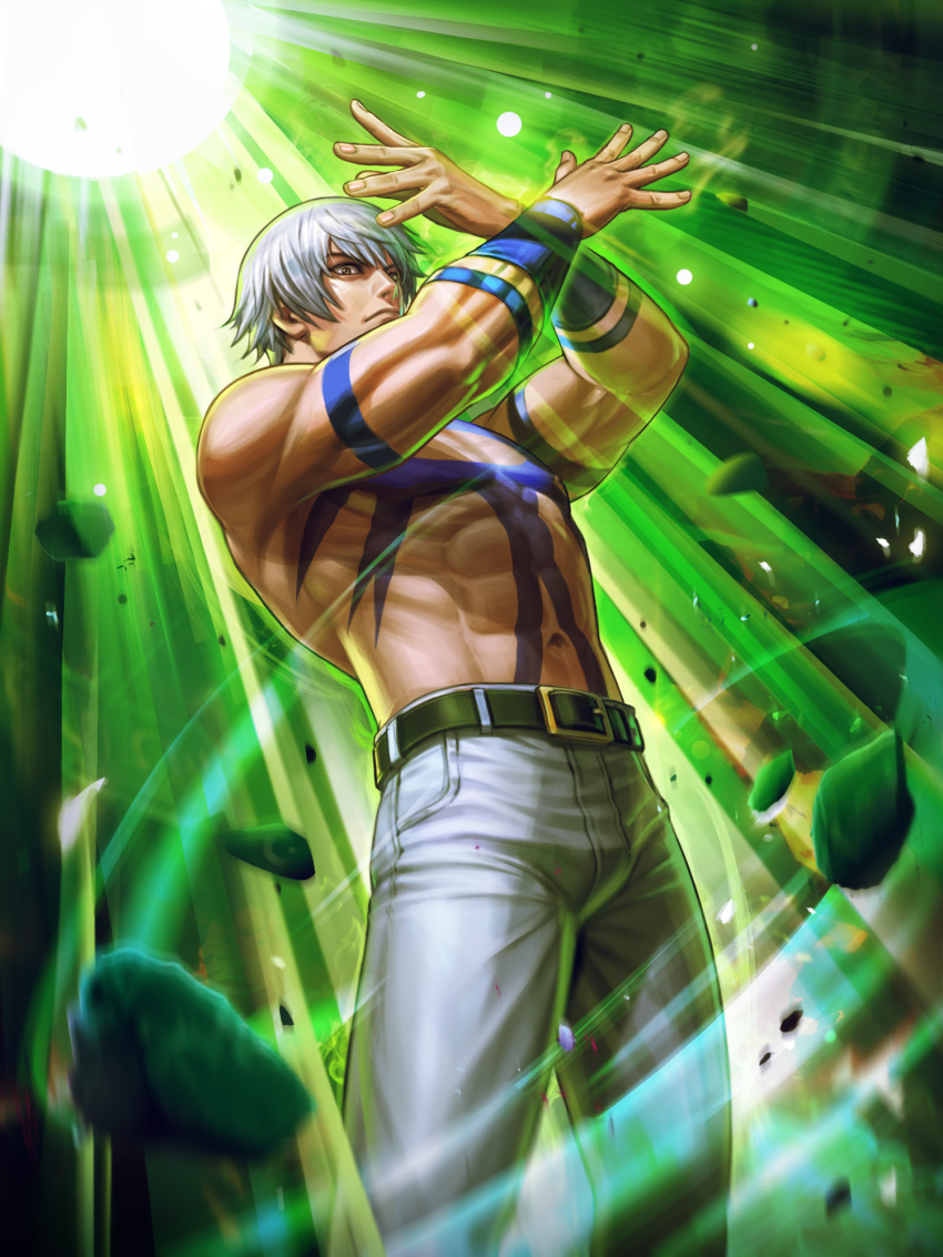 1boy abs arms_up bare_pecs biceps chest_tattoo crossed_arms glowing highres looking_at_viewer manly muscular muscular_male official_art open_hands orochi_(kof) outstretched_arms pants snk tattoo the_king_of_fighters the_king_of_fighters_'97 the_king_of_fighters_all-stars white_hair white_pants