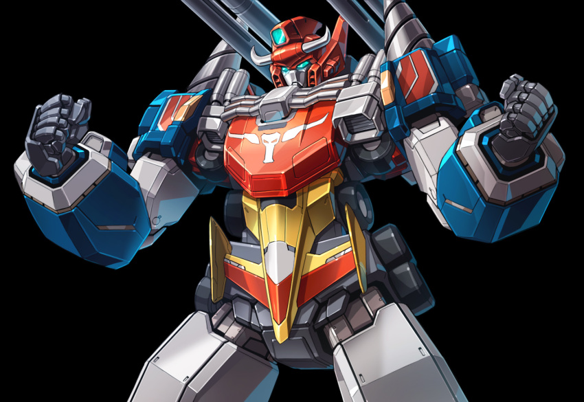 black_background blue_eyes clenched_hands densetsu_no_yuusha_da-garn drill glowing glowing_eyes horns korean_commentary land_bison looking_down mecha no_humans solo super_robot taedu year_of_the_ox yuusha_series