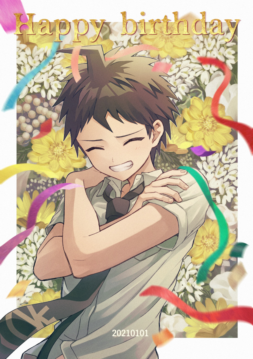 1boy ^_^ absurdres ahoge bangs brown_hair closed_eyes collared_shirt commentary_request crossed_arms dangan_ronpa_(series) dangan_ronpa_2:_goodbye_despair dated facing_viewer floral_background flower green_neckwear grin hands_on_own_shoulders happy_birthday highres hinata_hajime male_focus necktie shirt short_hair short_sleeves smile solo takagiri white_flower yellow_flower