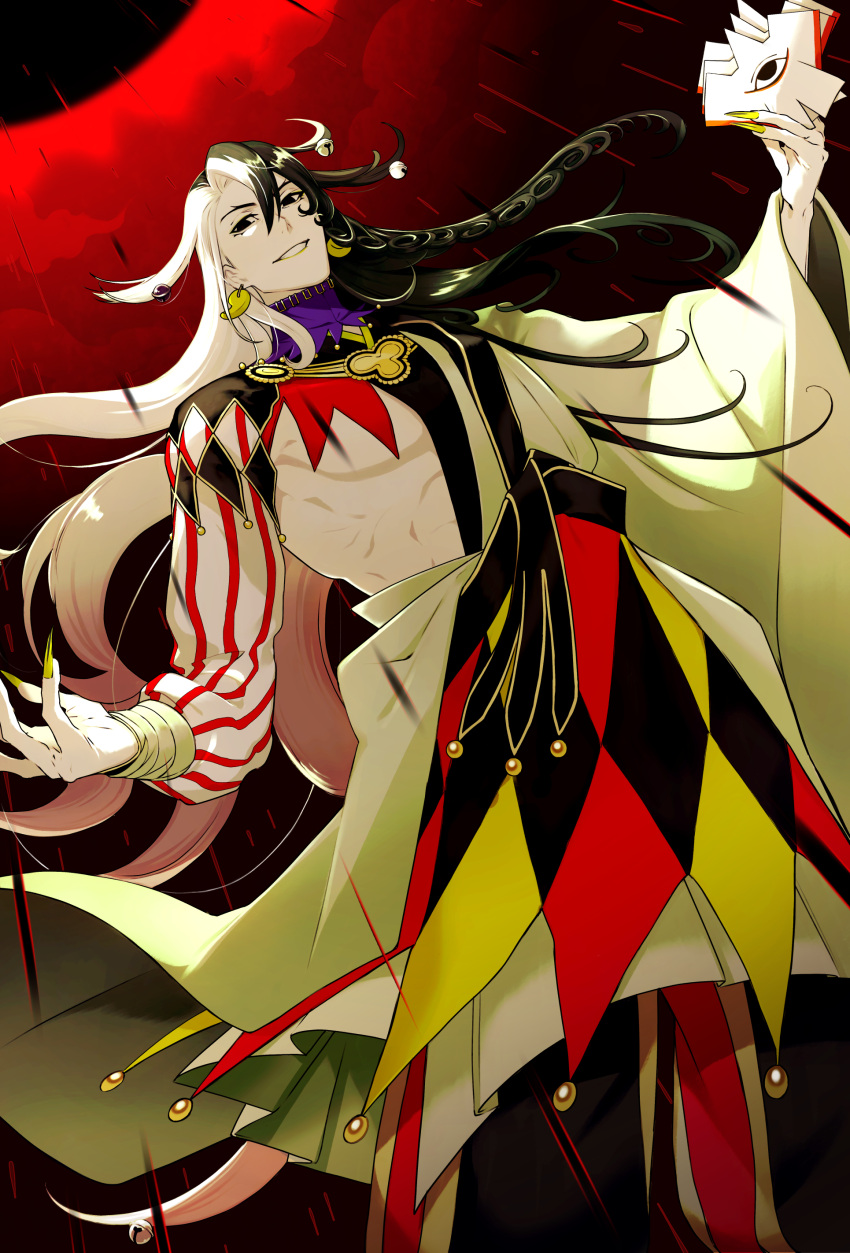 1boy absurdres ashiya_douman_(fate) asymmetrical_clothes asymmetrical_hair bell black_eyes black_hair boorunrun curly_hair earrings fate/grand_order fate_(series) fingernails green_kimono green_nails hair_bell hair_between_eyes hair_intakes hair_ornament highres japanese_clothes jewelry kimono long_hair looking_at_viewer magatama magatama_earrings male_focus moon multicolored_hair open_clothes open_kimono outstretched_arms rain raining_blood red_moon red_sky ribbed_sleeves sharp_fingernails shikigami sky smile solo spread_arms toned toned_male two-tone_hair very_long_fingernails very_long_hair white_hair