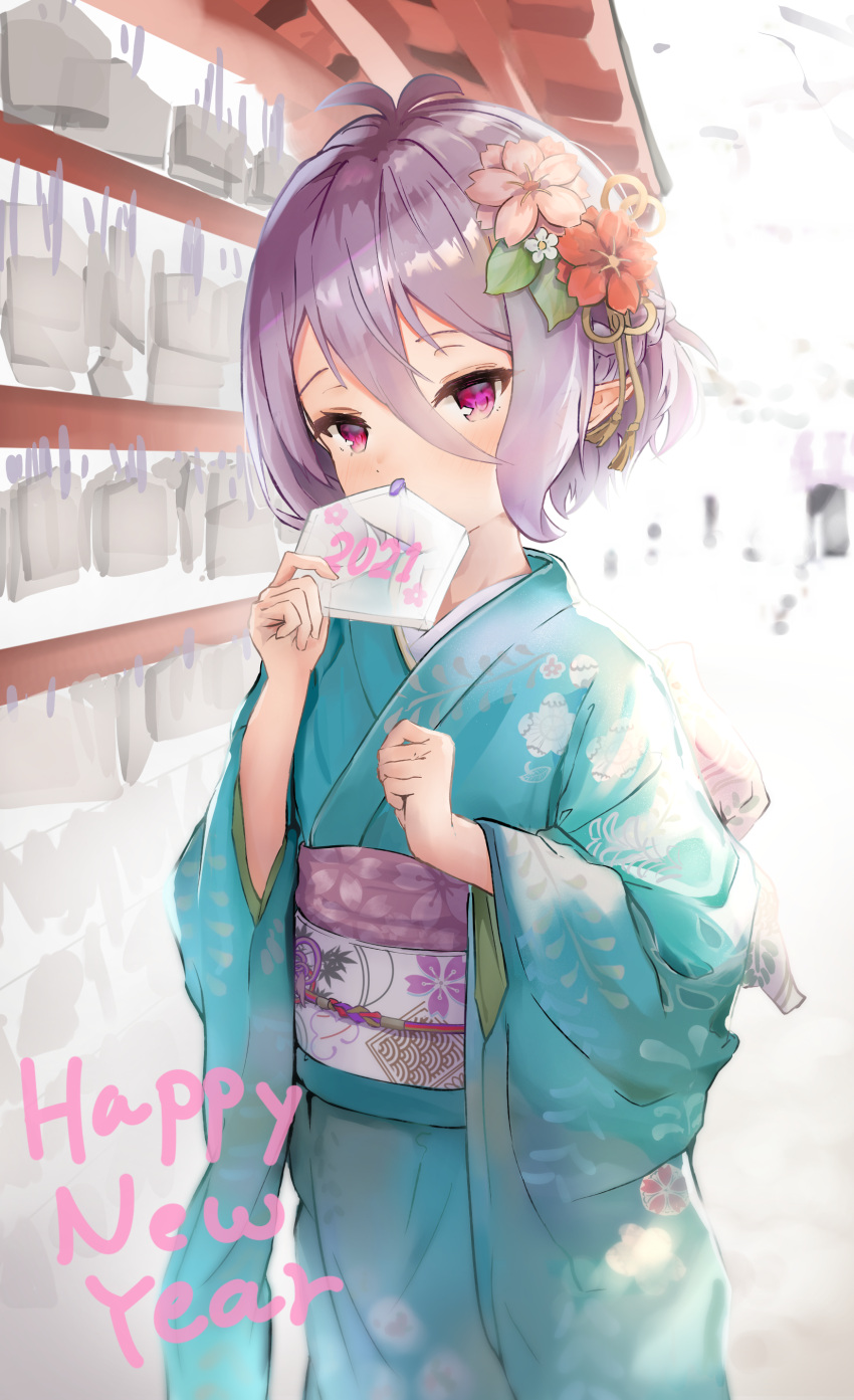 1girl absurdres antenna_hair bangs blue_kimono commentary_request covered_mouth ema eyebrows_visible_through_hair floral_print flower furisode gaaratelier grey_hair hair_between_eyes hair_flower hair_ornament hand_up happy_new_year highres holding japanese_clothes kimono kokkoro_(princess_connect!) long_sleeves looking_at_viewer new_year obi pink_flower pointy_ears princess_connect! princess_connect!_re:dive print_kimono red_flower sash short_hair solo violet_eyes white_flower wide_sleeves