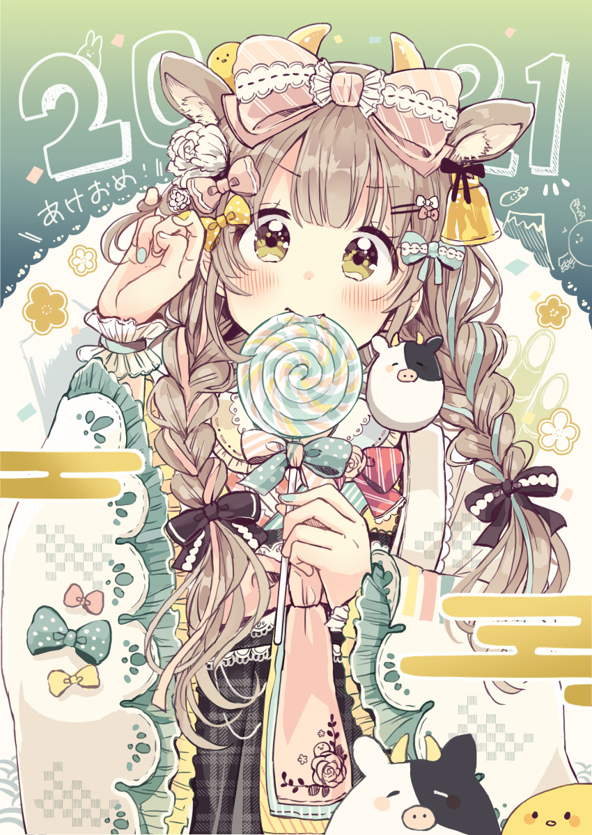 1girl 2021 absurdres animal animal_ears bangs bell bird black_hakama blue_hair blue_nails blush bow braid brown_eyes brown_hair candy chick chinese_zodiac commentary_request cow cow_ears cow_horns egasumi eyebrows_visible_through_hair fang food frilled_sleeves frills hair_bell hair_bow hair_ornament hakama hands_up highres holding holding_candy holding_food holding_lollipop horns japanese_clothes kimono lolita_fashion lollipop long_hair long_sleeves looking_at_viewer multicolored multicolored_hair multicolored_nails nail_polish nengajou new_year original pink_bow pink_hair sakura_oriko solo streaked_hair swirl_lollipop twin_braids wa_lolita white_kimono wide_sleeves wrist_cuffs year_of_the_ox yellow_nails