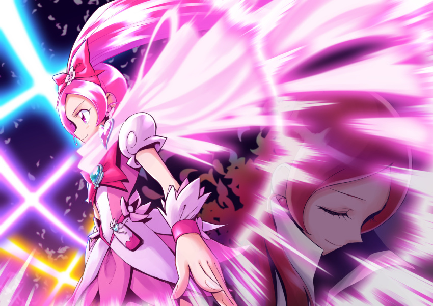 2girls bow brooch cape closed_eyes closed_mouth commentary_request cure_blossom cure_blossom_mirage hair_bow hanasaki_tsubomi heartcatch_precure! highres itou_shin'ichi jewelry long_hair looking_away magical_girl multiple_girls pink_cape pink_eyes pink_hair ponytail precure red_bow smile wrist_cuffs
