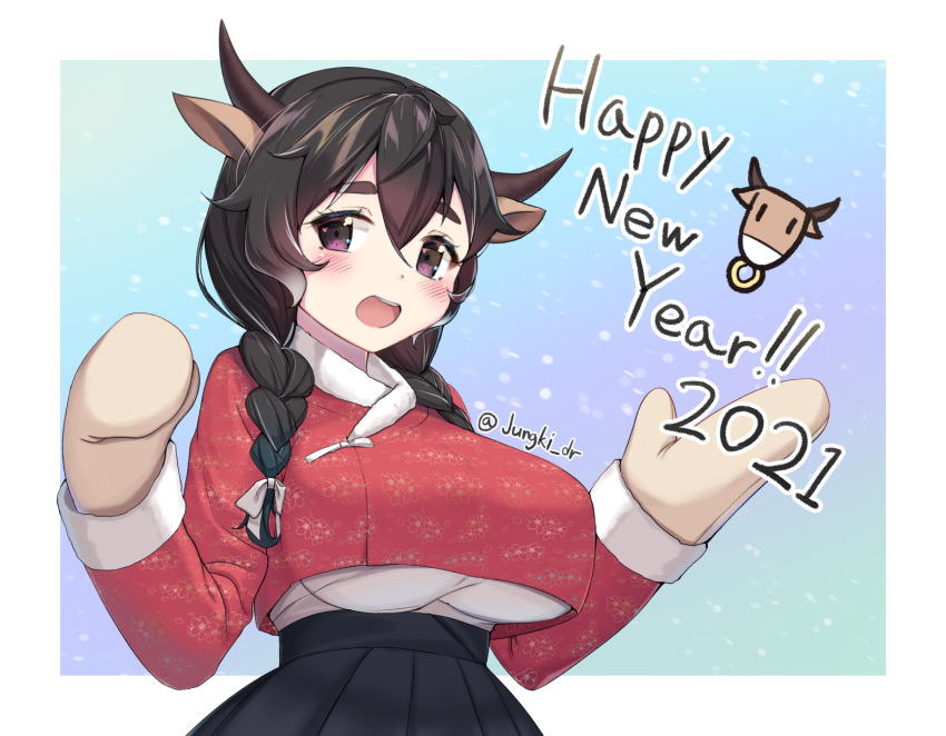 2021 animal_ears animal_print artist_name bangs black_eyes black_hair black_skirt blue_background blush border breasts commentary_request cow_ears cow_horns cow_print floral_print hair_between_eyes hanbok happy_new_year highres horns korean_clothes large_breasts looking_at_viewer mittens new_year open_mouth original pleated_skirt raizen_(jung_0000) skirt solo upper_body white_border