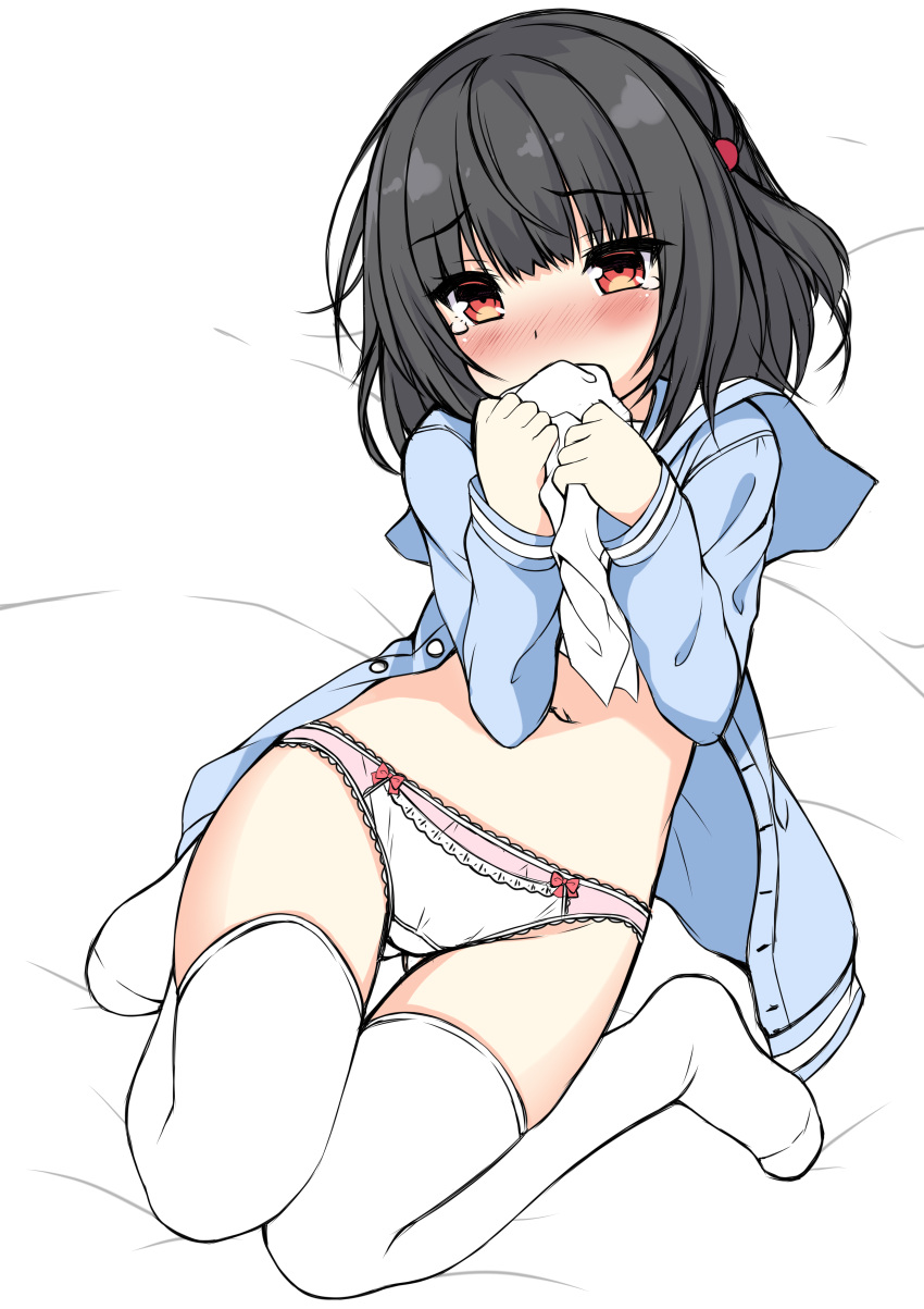 1girl absurdres bangs bed_sheet black_hair blue_sailor_collar blue_shirt blush bow bow_panties commentary_request covered_mouth eyebrows_visible_through_hair full_body granblue_fantasy hands_up highres holding long_sleeves looking_at_viewer navel no_shoes nose_blush one_side_up open_clothes open_shirt panties red_eyes sailor_collar sakuraba_hikaru_(loveindog) shirt solo tears thigh-highs underwear vikala_(granblue_fantasy) white_legwear white_panties