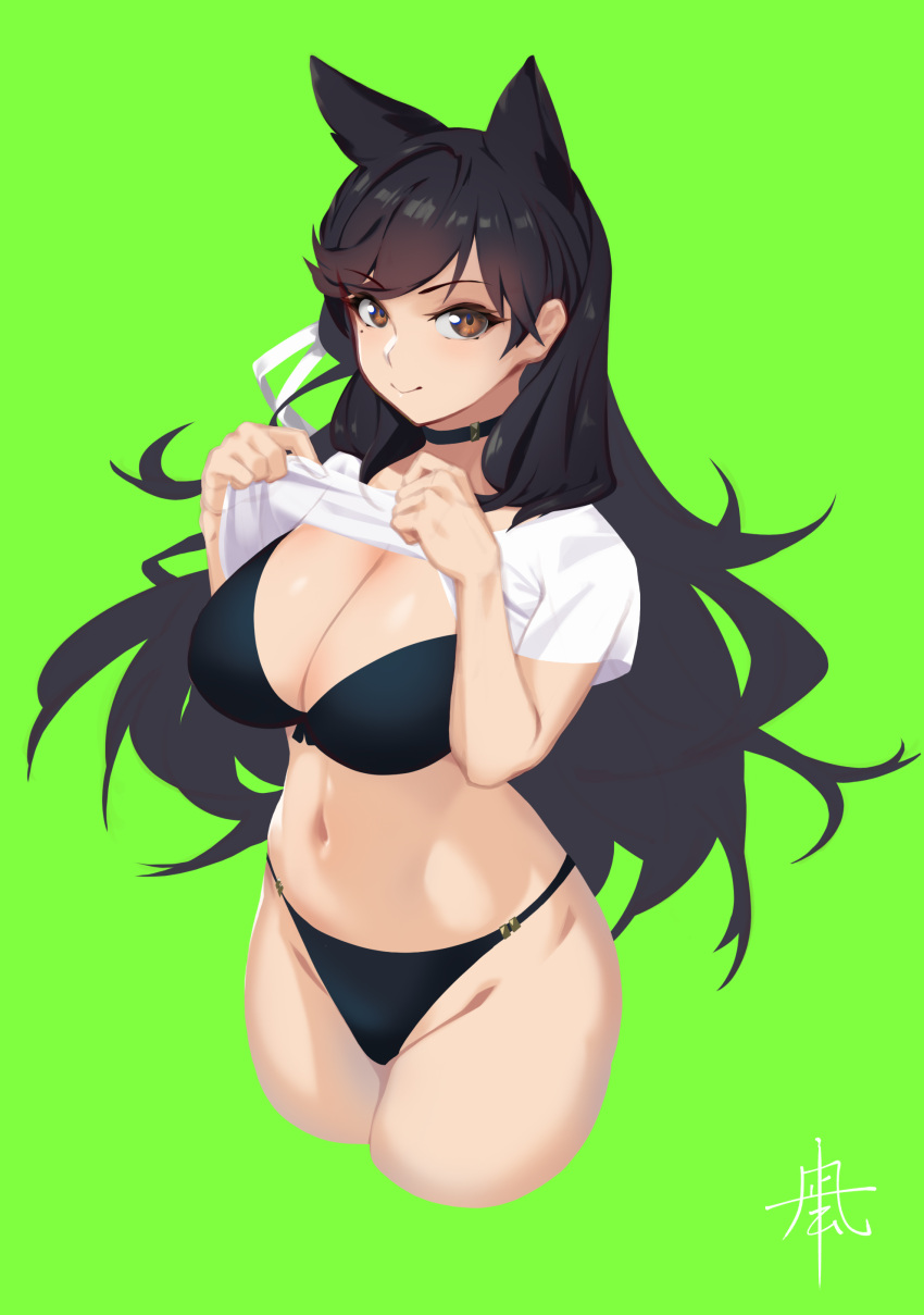 1girl absurdres animal_ears atago_(azur_lane) azur_lane bikini black_bikini black_choker black_hair breasts choker extra_ears eyebrows_visible_through_hair green_background hair_behind_ear highres large_breasts long_hair looking_at_viewer nagi-kaze shirt short_sleeves simple_background solo swimsuit white_shirt