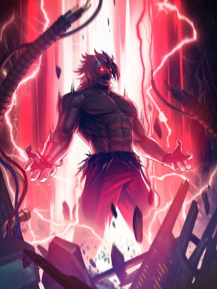 abs bare_pecs biceps cyborg glowing glowing_eye harness heterochromia highres manly mechanical_arm mechanical_parts muscular muscular_male official_art omega_rugal open_hands pants rugal_bernstein snk suspenders suspenders_slip the_king_of_fighters the_king_of_fighters_'95 the_king_of_fighters_all-stars