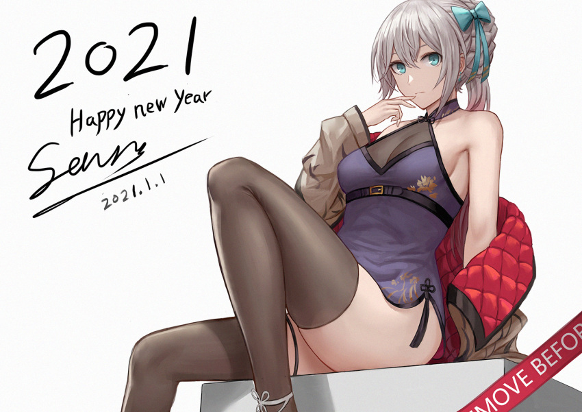 1girl 2021 artist_name blue_eyes bow chinese_clothes dated finger_to_mouth girls_frontline hair_bow jacket jacket_on_shoulders looking_at_viewer lwmmg_(girls_frontline) no_bra official_alternate_costume ponytail selcky sitting sitting_on_object solo thighs white_background