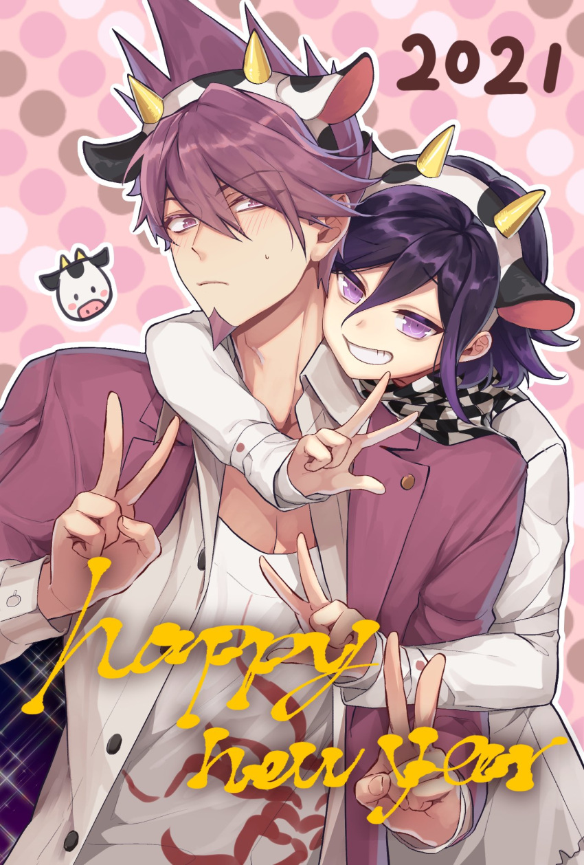 2021 2boys animal_print bangs blush checkered checkered_scarf collared_shirt commentary_request cow_horns cow_print dangan_ronpa_(series) dangan_ronpa_v3:_killing_harmony double_v facial_hair fake_horns goatee grin hands_up happy_new_year highres horns hug hug_from_behind jacket long_sleeves looking_at_viewer momota_kaito multiple_boys nanin new_year open_clothes open_shirt ouma_kokichi pink_hair pink_jacket print_shirt purple_hair scarf shirt short_hair smile space_print spiky_hair starry_sky_print upper_body v white_jacket white_shirt