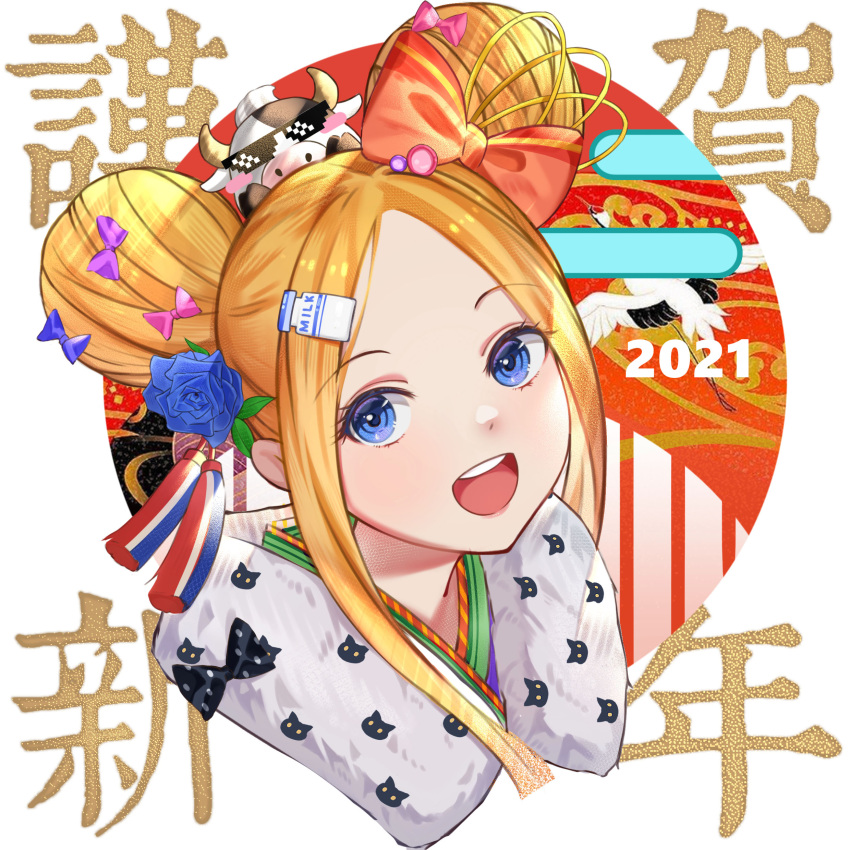 1girl 2021 :d abigail_williams_(fate/grand_order) absurdres blonde_hair blue_bow blue_eyes blue_flower blush bow chinese_zodiac commentary_request cow deal_with_it double_bun eyebrows_visible_through_hair fate/grand_order fate_(series) flower forehead fur_collar hair_bow hair_flower hair_ornament highres long_hair looking_at_viewer nengajou new_year open_mouth pink_bow portrait purple_bow round_teeth sidelocks smile solo sunglasses teeth upper_teeth wang_man year_of_the_ox
