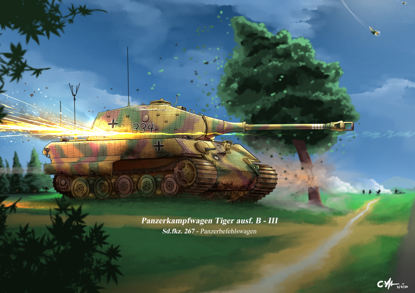 absurdres aircraft artist_request bush caterpillar_tracks clouds dated day english_commentary forest grass ground_vehicle highres iron_cross military military_vehicle motor_vehicle nature original sky smoke tank tiger_ii tree world_war_ii