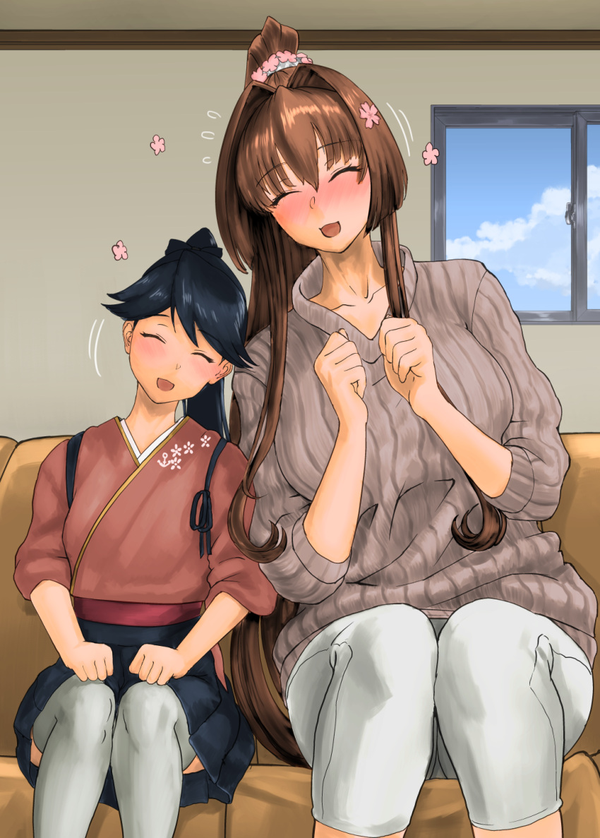 2girls bangs blue_hair blue_hakama blush breasts brown_hair brown_sweater closed_eyes clouds couch day eyebrows_visible_through_hair floral_print flower hair_flower hair_ornament hair_scrunchie hakama highres houshou_(kantai_collection) indoors japanese_clothes kantai_collection large_breasts long_hair long_sleeves mrdotd multiple_girls open_mouth pants ponytail ribbed_sweater scrunchie sidelocks sitting size_difference sweater tasuki thigh-highs white_legwear white_pants window yamato_(kantai_collection)