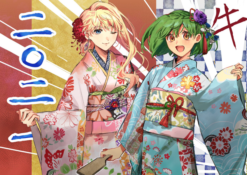 2021 2girls alternate_costume alternate_hairstyle blue_eyes brown_eyes flower hair_behind_ear hair_flower hair_ornament highres holding japanese_clothes kimono macross macross_frontier multiple_girls obi one_eye_closed open_mouth pote-mm purple_flower ranka_lee sash sheryl_nome short_hair smile wide_sleeves yukata