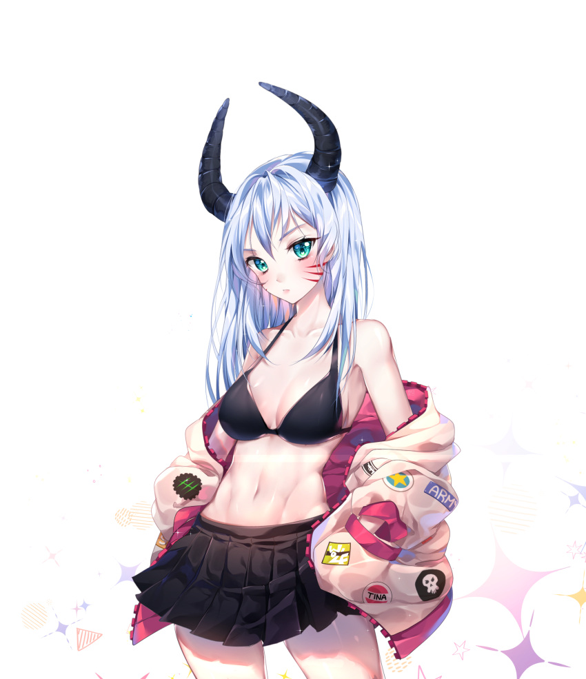 1girl aqua_eyes bad_id bad_twitter_id badge bangs bikini black_bikini black_horns black_skirt blue_hair breasts closed_mouth commentary_request cowboy_shot demon_girl facial_mark hands_in_pockets highres horns hyuding_(hhgy0925) jacket korean_commentary light_frown logo long_hair long_sleeves looking_at_viewer medium_breasts miniskirt navel off_shoulder open_clothes open_jacket original pleated_skirt skirt solo standing swimsuit white_background white_jacket