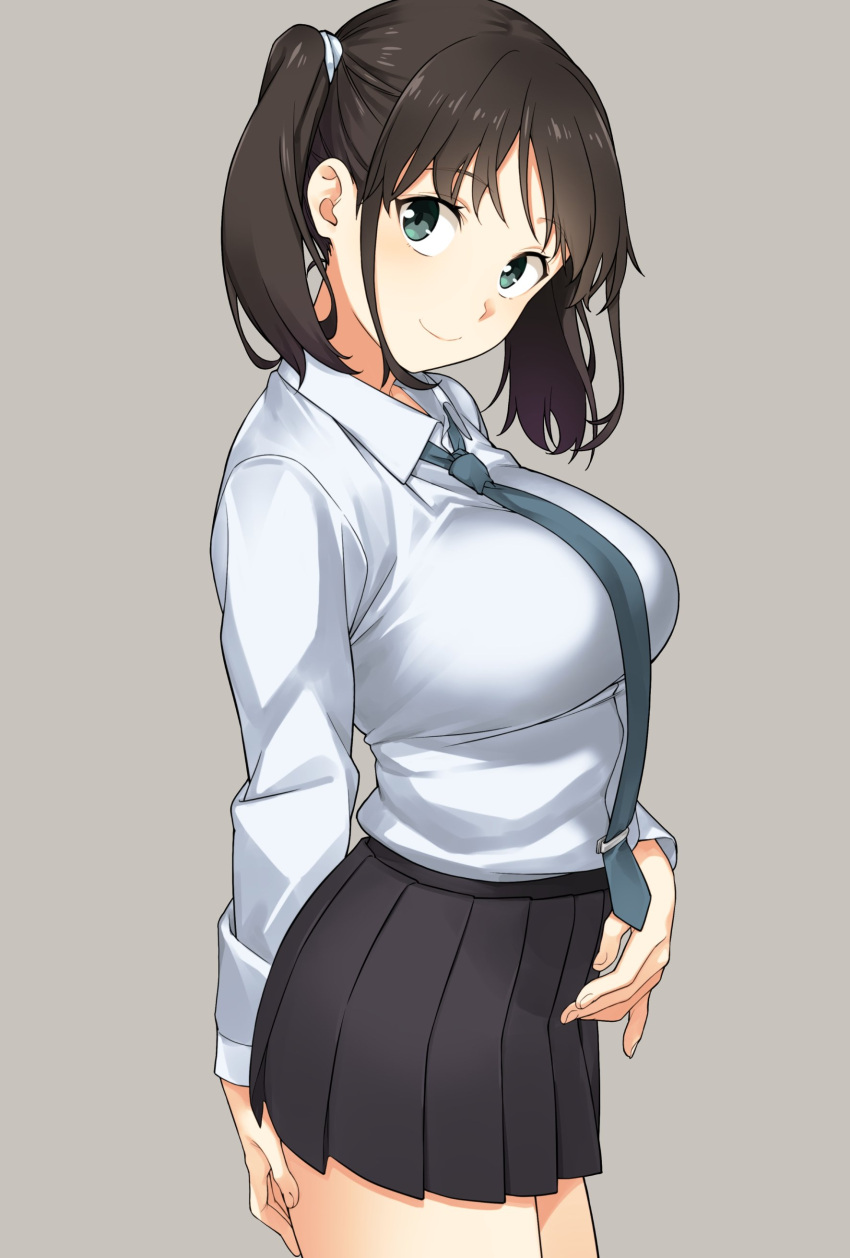 1girl absurdres black_skirt blue_neckwear breasts brown_hair closed_mouth green_eyes grey_background hatakenaka_(kamagabuchi) highres large_breasts long_sleeves looking_at_viewer necktie original pleated_skirt shirt short_hair simple_background skirt smile solo thighs twintails white_shirt