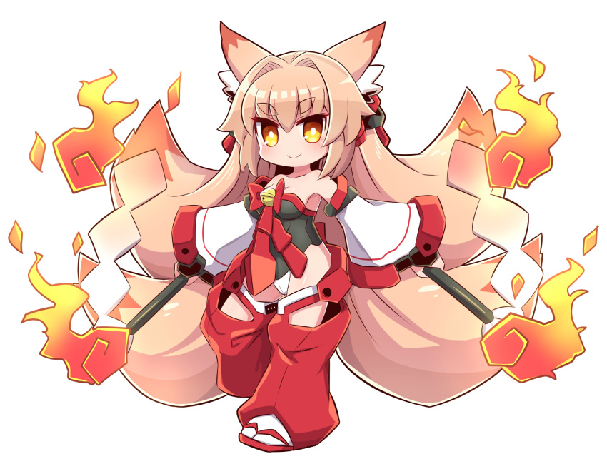 &gt;:) 1girl animal_ears bangs bare_shoulders bell black_leotard blush breasts brown_eyes brown_hair closed_mouth copyright_request detached_pants detached_sleeves eyebrows_visible_through_hair fox_ears fox_girl fox_tail full_body gohei hair_between_eyes highres hitodama holding jingle_bell kitsune leotard long_hair long_sleeves medium_breasts multiple_tails naga_u red_footwear short_eyebrows simple_background smile socks solo standing standing_on_one_leg tabi tail thick_eyebrows two_tails v-shaped_eyebrows very_long_hair white_background white_legwear white_sleeves wide_sleeves zouri