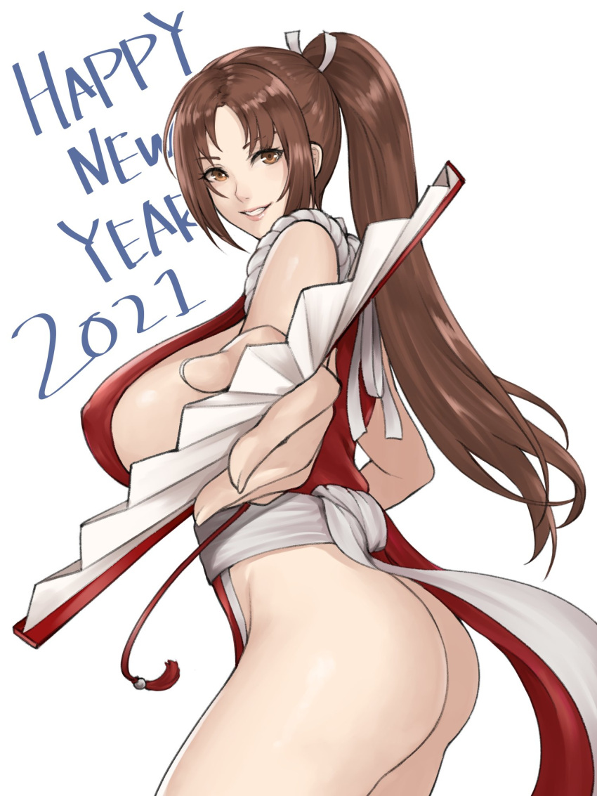 1girl 2021 ass bangs bare_shoulders breasts brown_eyes brown_hair commentary_request fan fatal_fury fingernails happy_new_year highres holding holding_fan japanese_clothes large_breasts long_hair looking_at_viewer nyatokanyaru parted_lips pelvic_curtain ponytail revealing_clothes rope shiny shiny_hair shiny_skin shiranui_mai sideboob simple_background smile solo the_king_of_fighters thighs tied_hair white_background