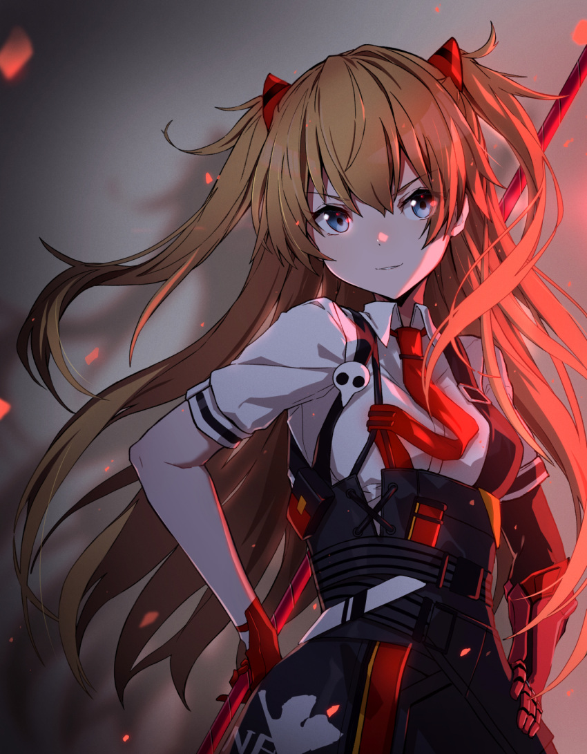 1girl belt blue_eyes fire gloves grey_background hair_ornament hairclip highres lance_of_longinus necktie neon_genesis_evangelion nerv rebuild_of_evangelion redhead shikinami_asuka_langley shirt short_sleeves skirt skull_ornament souryuu_asuka_langley suspender_skirt suspenders takanashi_kei_(hitsujikan) white_shirt