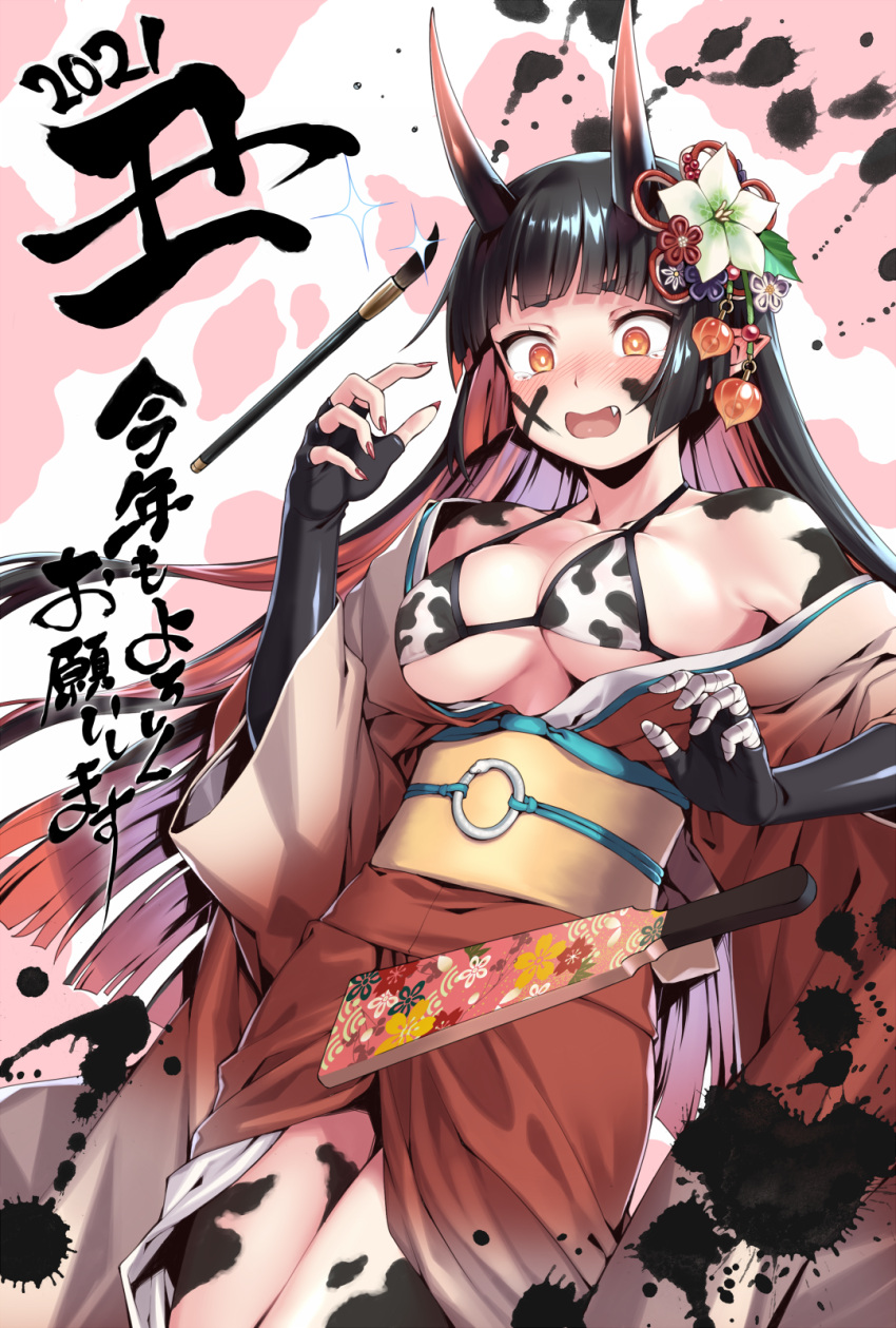 1girl animal_print bandaged_fingers bandages bangs bare_shoulders bikini bikini_under_clothes black_gloves black_hair blunt_bangs blush bodypaint bouncing_breasts breasts bright_pupils calligraphy_brush chinese_zodiac collarbone colored_inner_hair commentary_request cow_print cowboy_shot elbow_gloves embarrassed eyebrows_visible_through_hair fang fingernails flower gloves hagoita hair_flower hair_ornament highres horns ink japanese_clothes kimono long_fingernails long_sleeves medium_breasts multicolored_hair nail_polish new_year nose_blush obi off_shoulder oni_horns open_clothes open_kimono open_mouth orange_eyes original paddle paintbrush print_bikini red_kimono red_nails redhead sash skin-covered_horns solo swimsuit tearing_up tears translation_request two-tone_background two-tone_hair under_boob v-shaped_eyebrows white_flower wide-eyed wide_sleeves yagi_(ningen) year_of_the_ox