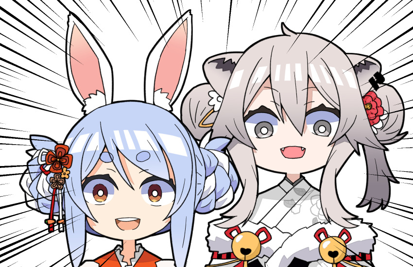 2girls animal_ear_fluff animal_ears bangs blue_hair brown_eyes double_bun ear_piercing emphasis_lines fangs flower fur_trim grey_eyes grey_hair hair_between_eyes hair_flower hair_ornament highres hololive honmirin japanese_clothes kimono lion_ears lion_girl looking_at_viewer multiple_girls open_mouth piercing rabbit_ears rabbit_girl red_flower shishiro_botan usada_pekora virtual_youtuber white_background yukata