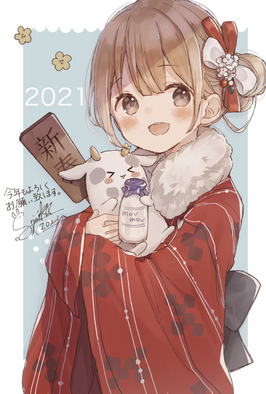 1girl :d blush bow brown_eyes brown_hair cow eyebrows_visible_through_hair hair_between_eyes hair_bow hairband happy_new_year highres japanese_clothes kimono looking_at_viewer milk new_year open_mouth original shano-pirika sidelocks simple_background smile solo upper_body