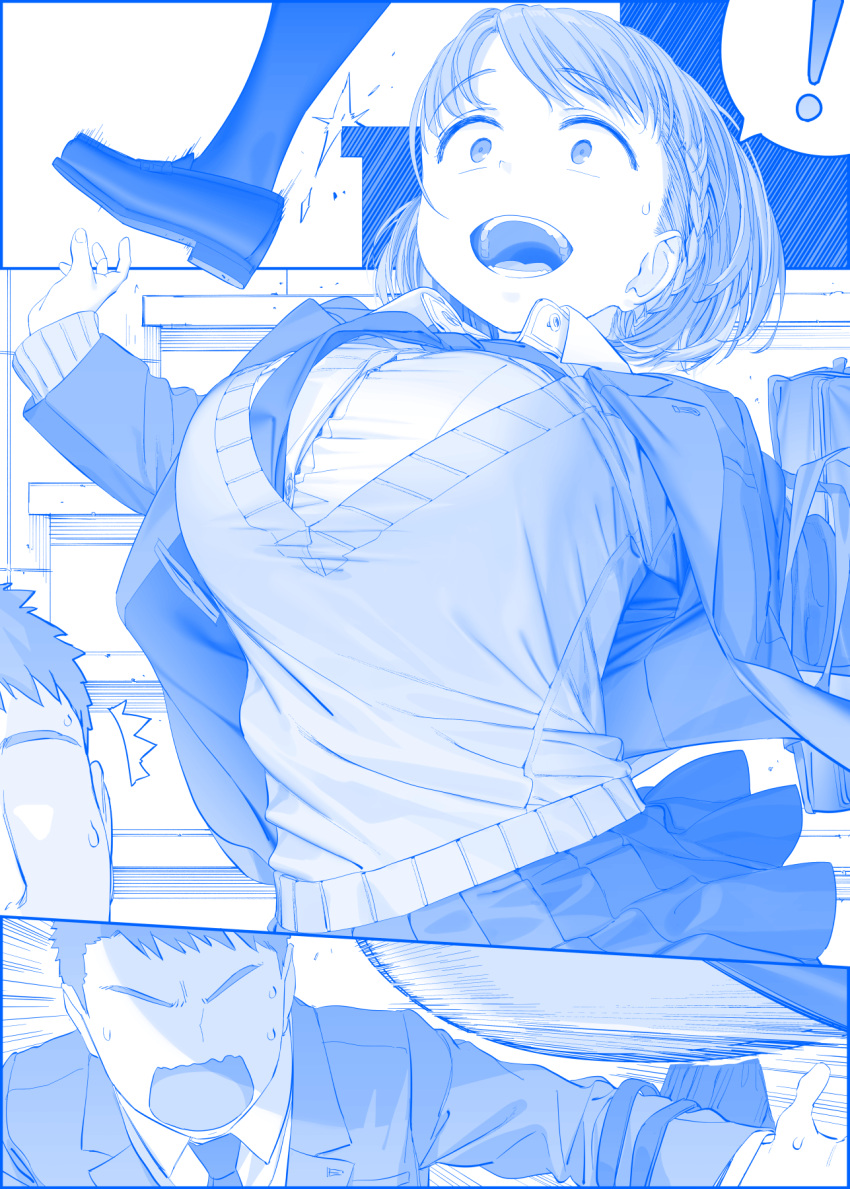 ! 1boy 1girl ai-chan_(tawawa) bag bangs braid breasts business_suit cardigan commentary_request dress_shirt faceless faceless_male formal getsuyoubi_no_tawawa highres himura_kiseki large_breasts loafers necktie onii-san_(tawawa) open_mouth pantyhose parted_bangs pleated_skirt round_teeth school_bag shirt shoes short_hair skirt spoken_exclamation_mark stairs suit surprised sweat sweatdrop sweater_vest teeth tripped