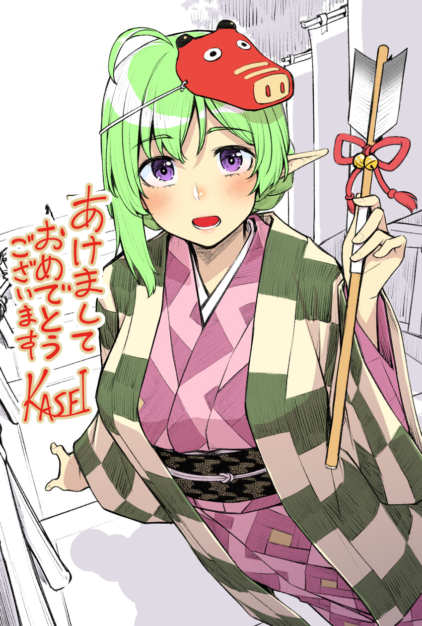 1girl absurdres ahoge arrow_(projectile) artist_name commentary_request eyebrows_visible_through_hair green_hair h_kasei hamaya highres japanese_clothes kimono looking_at_viewer mask mask_on_head monochrome_background nengajou new_year obi open_mouth original pointy_ears sash solo translation_request violet_eyes