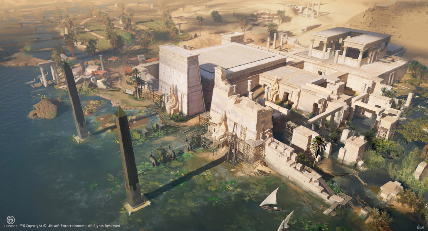 6+others anubis assassin's_creed:_origins assassin's_creed_(series) boat column commentary_request darkhikari day egyptian farm from_above highres lily_pad moss multiple_others obelisk outdoors palm_tree path pillar rock sailboat scenery shadow signature statue temple tent tower tree ubisoft water watercraft watermark