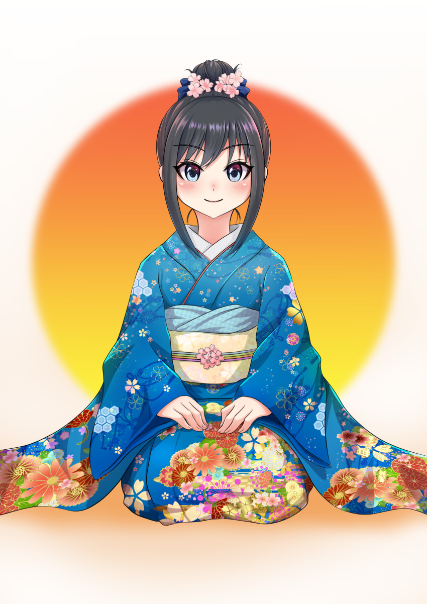 1girl absurdres asashio_(kantai_collection) black_hair blue_eyes blue_kimono commentary_request floral_print hair_bun highres japanese_clothes kantai_collection kimono long_hair looking_at_viewer makura_(user_jpmm5733) seiza sidelocks sitting smile solo sun white_background