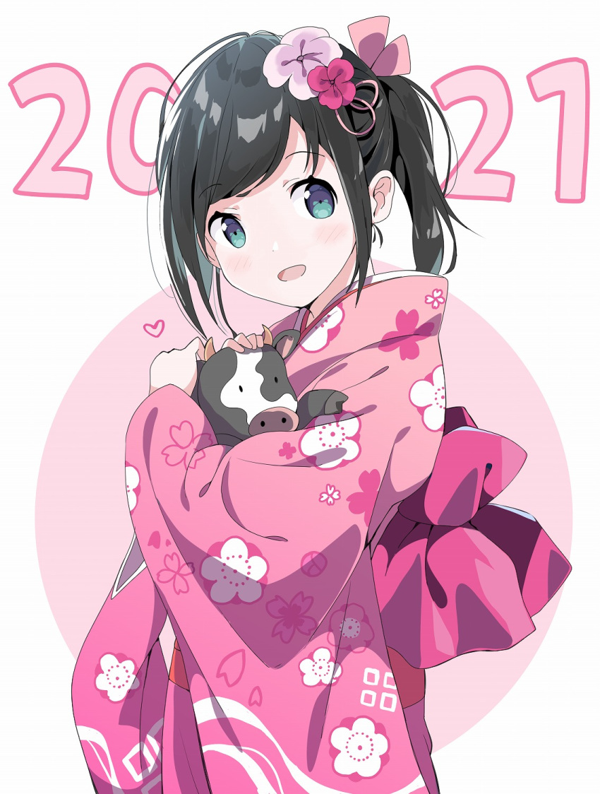 1girl 2021 :d animal animal_hug bangs black_hair blue_eyes blush chinese_zodiac commentary_request cow eyebrows_visible_through_hair floral_print flower furisode hair_flower hair_ornament highres japanese_clothes kimono long_hair long_sleeves looking_at_viewer open_mouth original pink_background pink_flower pink_kimono ponytail print_kimono red_flower smile solo swept_bangs tantan_men_(dragon) two-tone_background white_background wide_sleeves year_of_the_ox