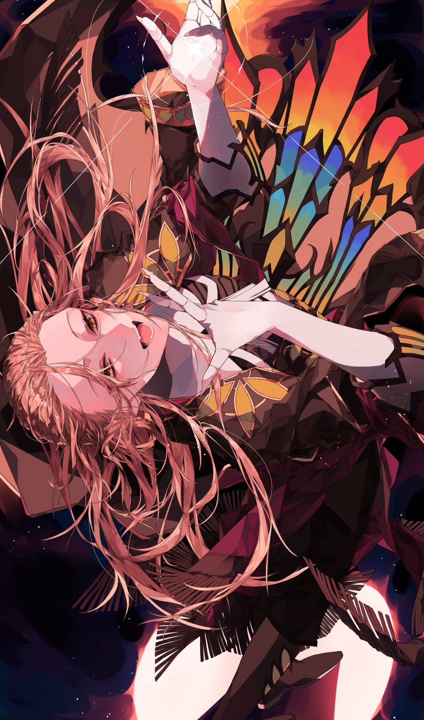 1boy absurdres blonde_hair falling fate/grand_order fate_(series) formal gloves green_eyes high_collar highres leaning_back long_hair long_sleeves male_focus mizuki_(mz) music no_headwear open_hand open_mouth singing smile solo very_long_hair white_gloves wolfgang_amadeus_mozart_(fate/grand_order)