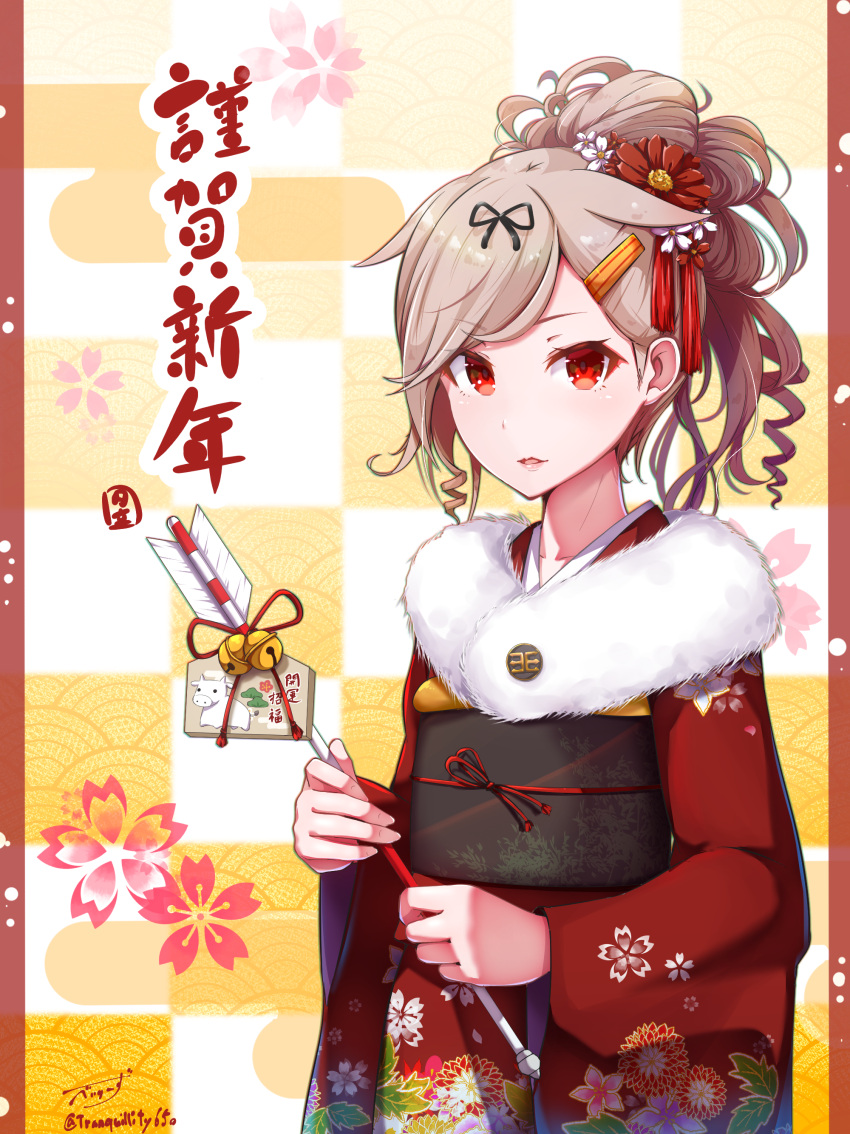 1girl absurdres alternate_hairstyle arrow_(projectile) artist_name baileys_(tranquillity650) black_ribbon blonde_hair collarbone ema hair_ornament hair_ribbon hairclip hamaya happy_new_year highres japanese_clothes kantai_collection kimono long_hair long_sleeves new_year red_eyes red_kimono remodel_(kantai_collection) ribbon signature solo twitter_username wide_sleeves yuudachi_(kantai_collection)