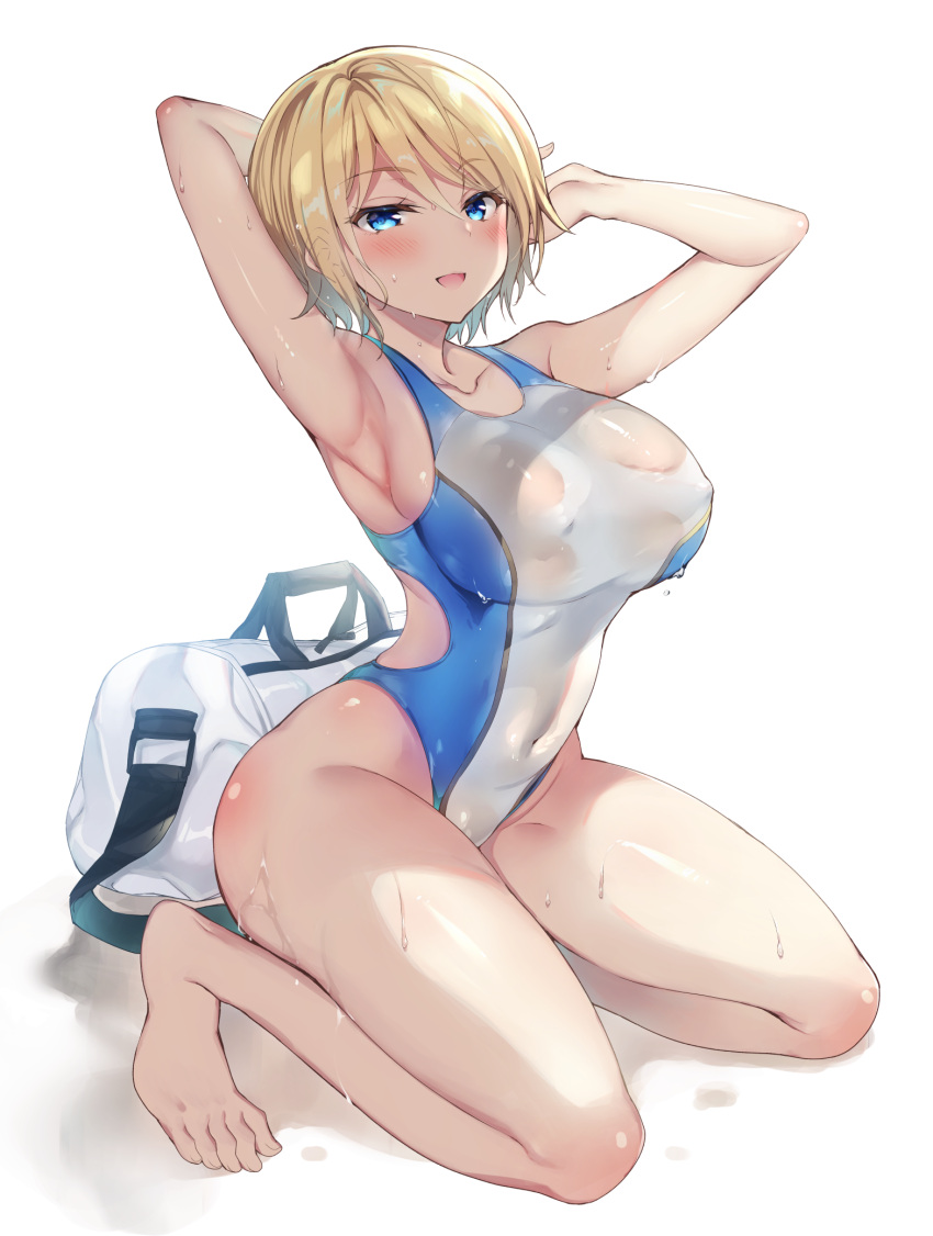 1girl arm_behind_head armpits arms_up bag bare_shoulders barefoot blonde_hair blue_eyes breasts competition_swimsuit covered_navel duffel_bag full_body groin highleg highleg_swimsuit highres kuwahara_hazuki large_breasts looking_at_viewer one-piece_swimsuit open_mouth original sanshoku_amido see-through shadow short_hair side_cutout simple_background smile solo swimsuit thighs wet wet_clothes wet_swimsuit white_background