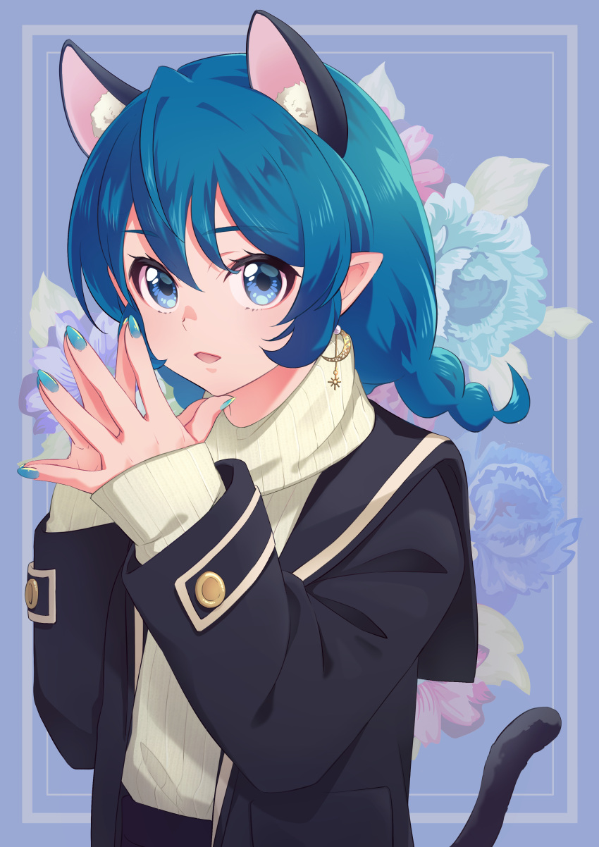 1girl absurdres animal_ear_fluff animal_ears aqua_nails blazer blue_eyes blue_hair blue_jacket braid casual cat_ears cat_tail commentary_request crescent crescent_earrings earrings eriko fingers_together floral_background flower_request hair_between_eyes highres jacket jewelry lips long_hair looking_at_viewer nail_polish open_mouth pointy_ears precure ribbed_sweater sailor_collar solo star_twinkle_precure steepled_fingers sweater tail turtleneck turtleneck_sweater twin_braids upper_body white_sweater yuni_(precure)