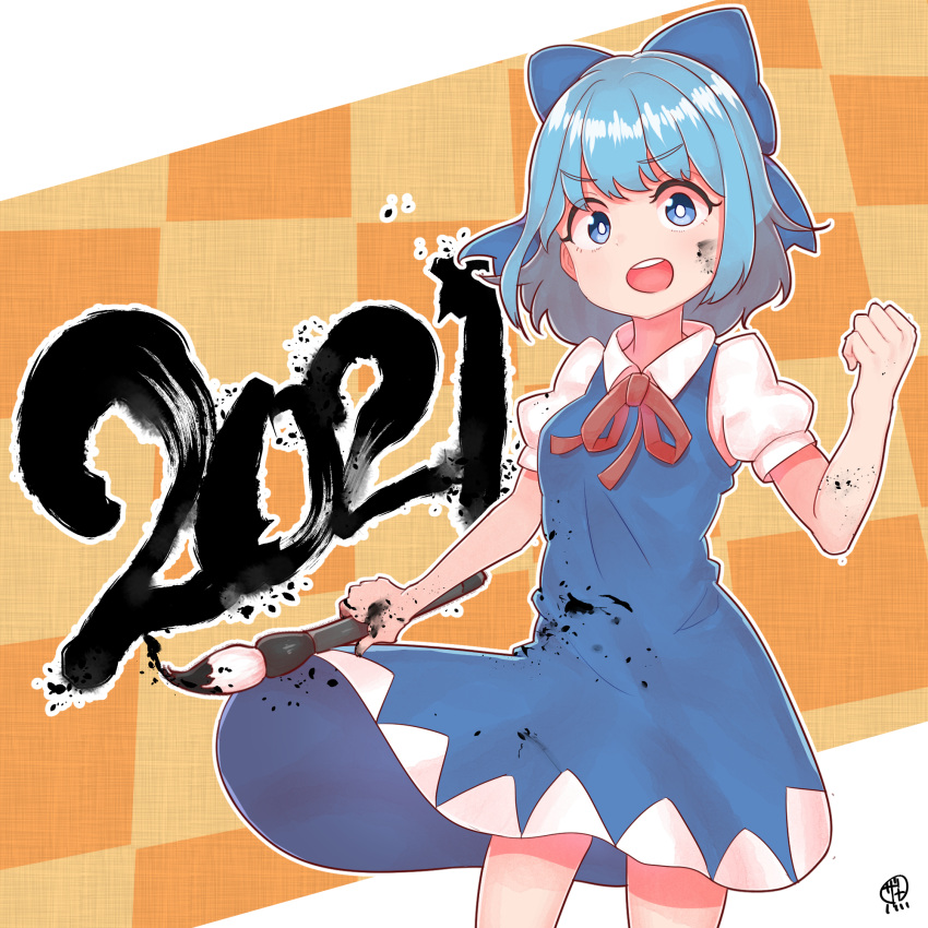 1girl 2021 arm_up bangs blue_dress blue_eyes blue_hair bright_pupils calligraphy_brush checkered checkered_background cirno clenched_hand commentary_request cowboy_shot dress eyebrows_visible_through_hair floating_clothes hair_ribbon happy_new_year highres holding holding_brush ink_on_face ink_stain messy new_year no_wings open_mouth orange_background paintbrush pinafore_dress puffy_short_sleeves puffy_sleeves red_neckwear red_ribbon ribbon shirt short_sleeves signature solo standing touhou upper_teeth white_background white_pupils white_shirt zanasta0810