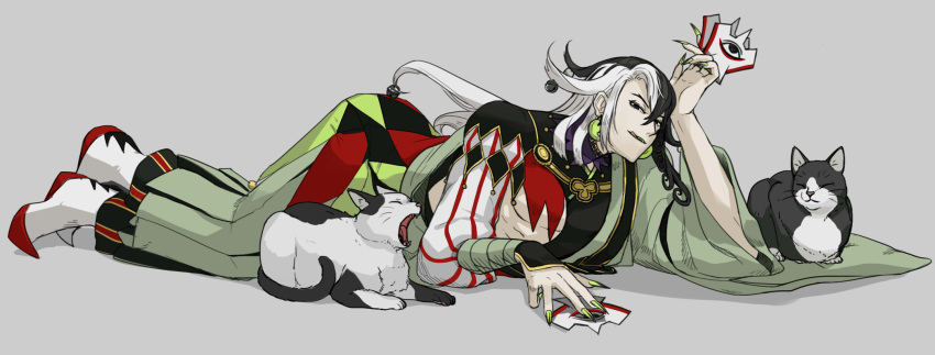 1boy ashiya_douman_(fate) asymmetrical_clothes asymmetrical_hair awii bell black_eyes black_hair cat curly_hair earrings fate/grand_order fate_(series) fingernails full_body green_eyeshadow green_kimono green_lipstick green_nails hair_bell hair_between_eyes hair_intakes hair_ornament hand_up highres holding japanese_clothes jewelry kimono lipstick long_hair looking_at_viewer lying magatama magatama_earrings makeup male_focus multicolored_hair on_stomach open_clothes open_kimono ribbed_sleeves sharp_fingernails shikigami simple_background smile solo toned toned_male two-tone_hair very_long_fingernails very_long_hair white_hair yawning