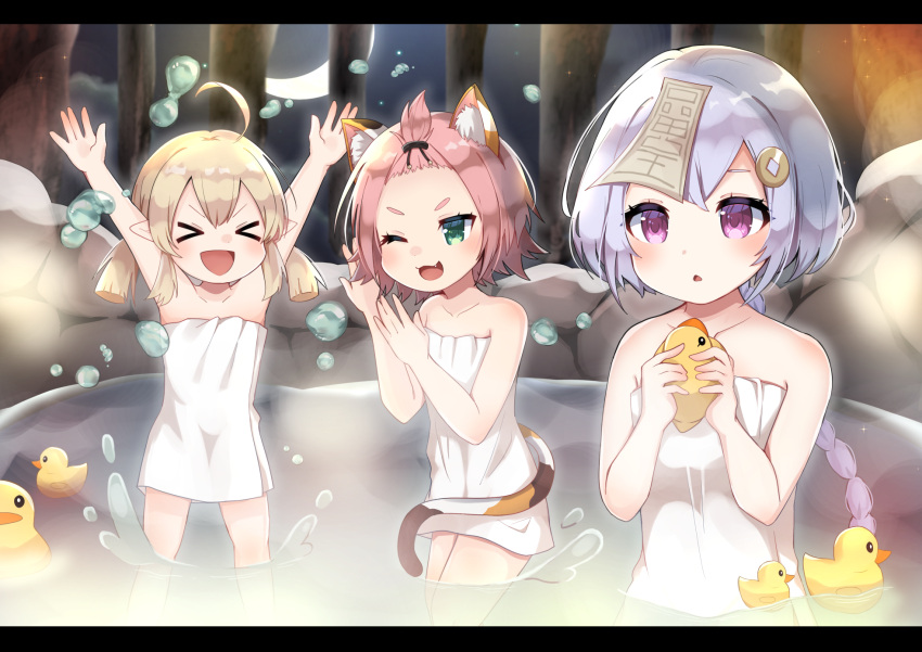 &gt;_&lt; 3girls :3 :d ahoge animal_ear_fluff animal_ears blonde_hair cat_tail collarbone diona_(genshin_impact) eyelashes fang genshin_impact green_eyes hanabayashi highres holding klee_(genshin_impact) low_twintails multiple_girls naked_towel one_eye_closed onsen open_mouth pink_hair purple_hair qiqi rubber_duck short_hair smile tail towel twintails violet_eyes