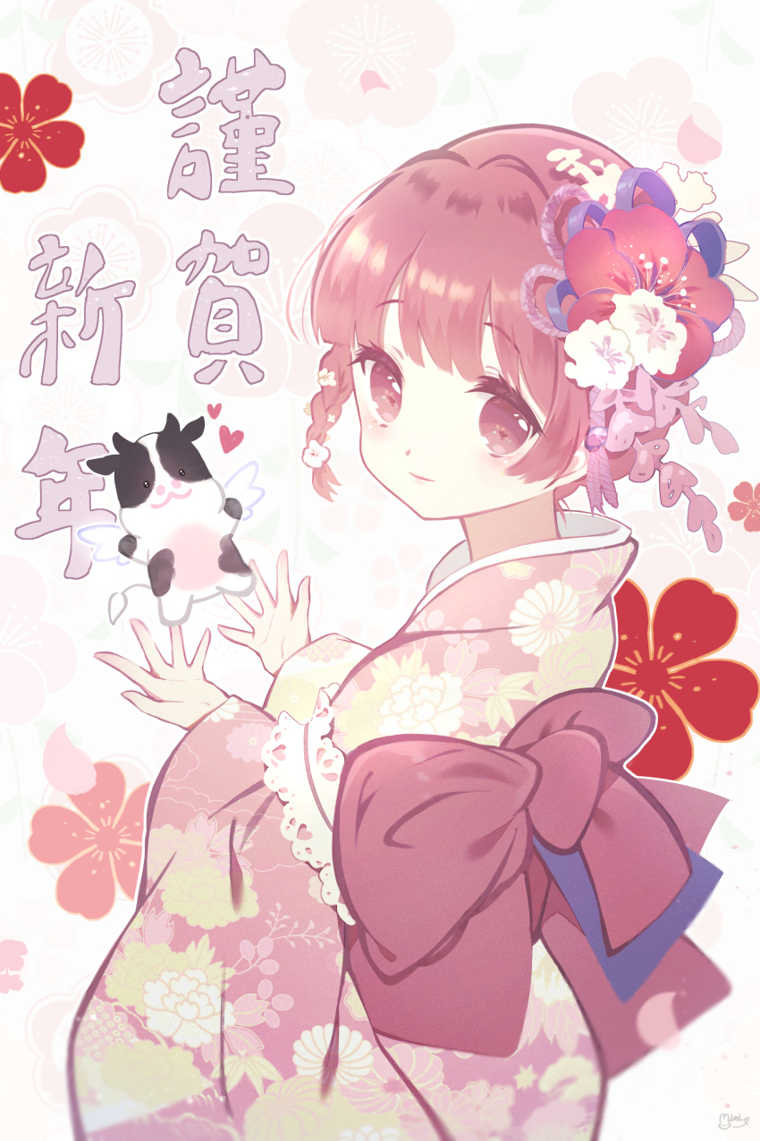 1girl absurdres back_bow bangs blush bow chinese_zodiac closed_mouth commentary cow danby_merong eyebrows_visible_through_hair floral_background floral_print flower from_behind hair_flower hair_ornament hands_up highres japanese_clothes kimono looking_at_viewer looking_back new_year original pink_kimono print_kimono red_bow red_eyes red_flower redhead smile solo symbol_commentary translation_request white_flower year_of_the_ox