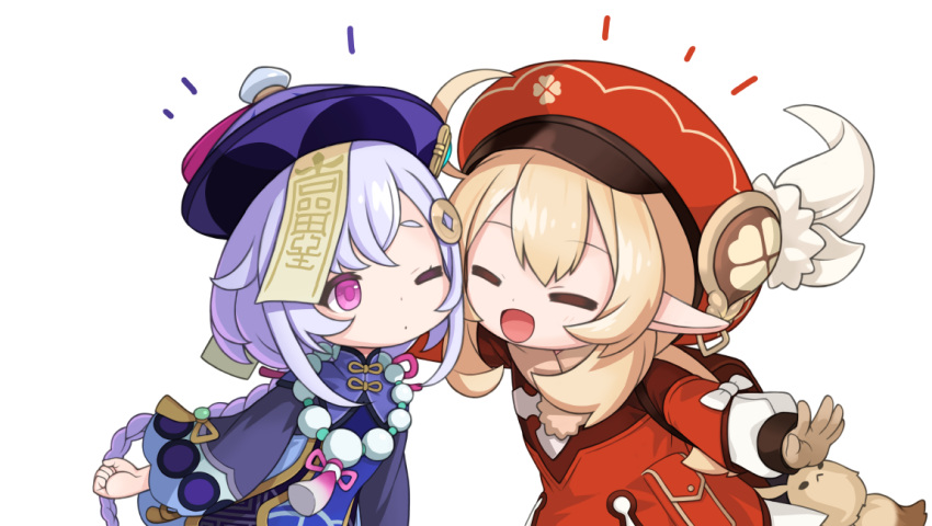 2girls ahoge backpack bag bangs bead_necklace beads blonde_hair blush braid closed_eyes coin coin_hair_ornament dress genshin_impact hair_between_eyes hat hat_feather jewelry klee_(genshin_impact) long_hair long_sleeves low_twintails multiple_girls necklace pointy_ears purple_hair purple_headwear qing_guanmao qiqi ran_system red_dress red_headwear smile talisman thigh-highs twintails violet_eyes white_feathers wide_sleeves