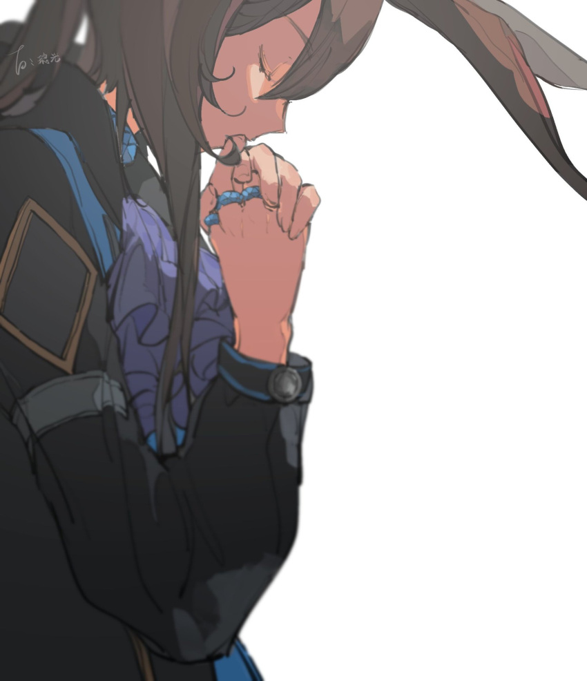 1girl amiya_(arknights) animal_ears arknights ascot black_jacket blue_neckwear brown_hair chocolate_(jitong) closed_eyes from_side hand_to_own_mouth hands_together highres jacket jewelry long_hair multiple_rings praying rabbit_ears ring signature simple_background solo upper_body white_background